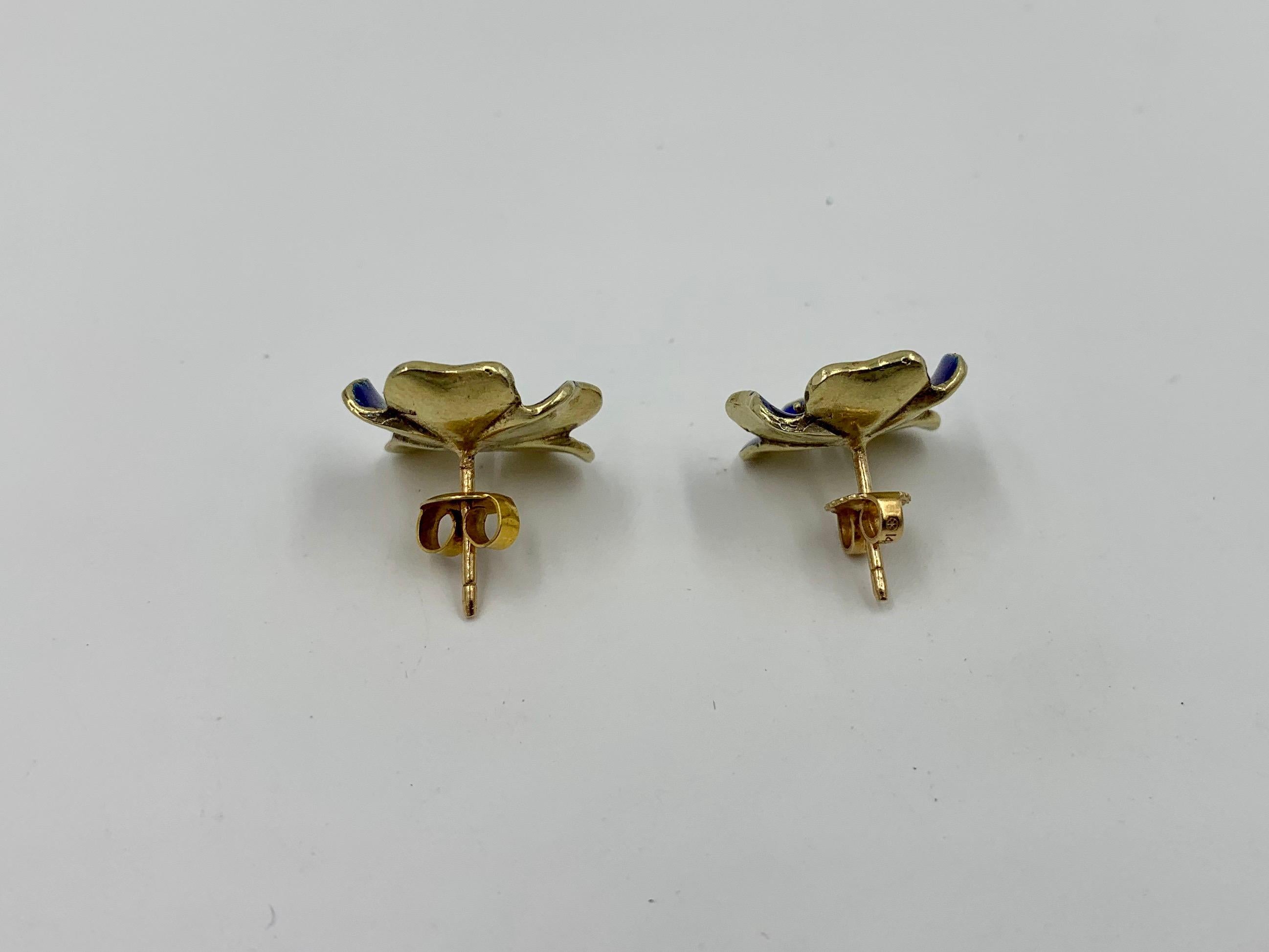 Round Cut Sapphire Diamond Pansy Flower Earrings Antique Enamel 14 Karat Gold