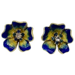 Sapphire Diamond Pansy Flower Earrings Antique Enamel 14 Karat Gold