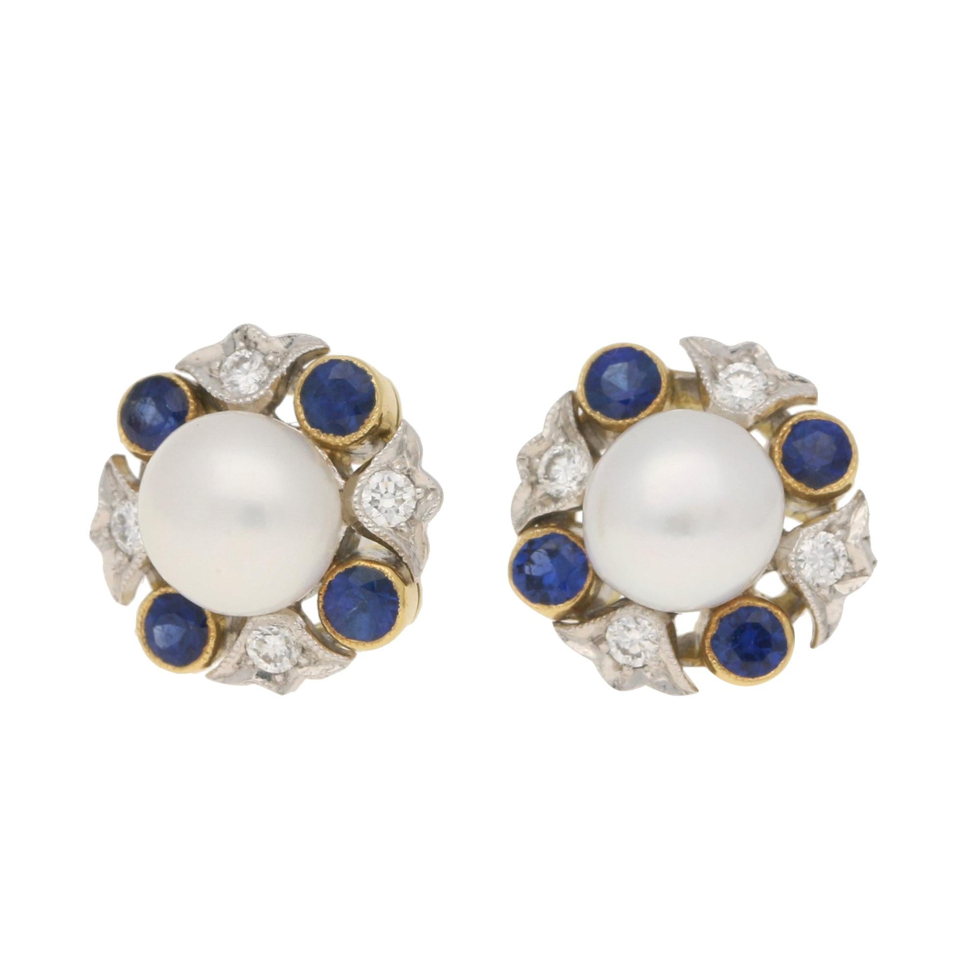 Sapphire, Diamond and Pearl Cluster Stud Earrings