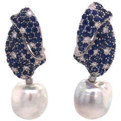 Sapphire Diamond Pearl Drop Earrings 10.21 Carat 18 Karat White Gold