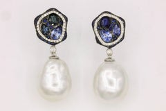 Sapphire Diamond Pearl Drop Earrings 18 Karat White Gold