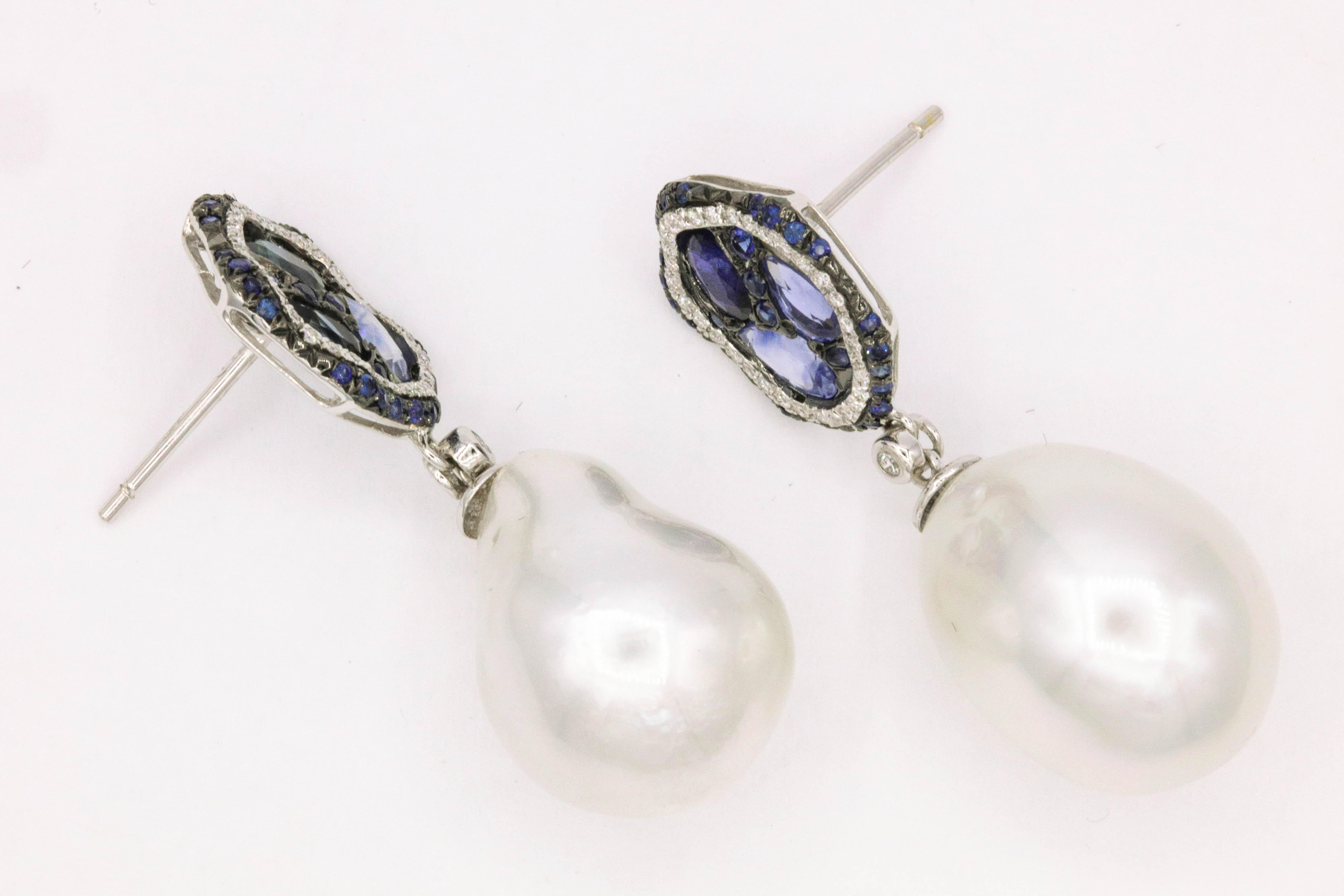 Contemporary Sapphire Diamond Pearl Drop Earrings 18 Karat White Gold For Sale