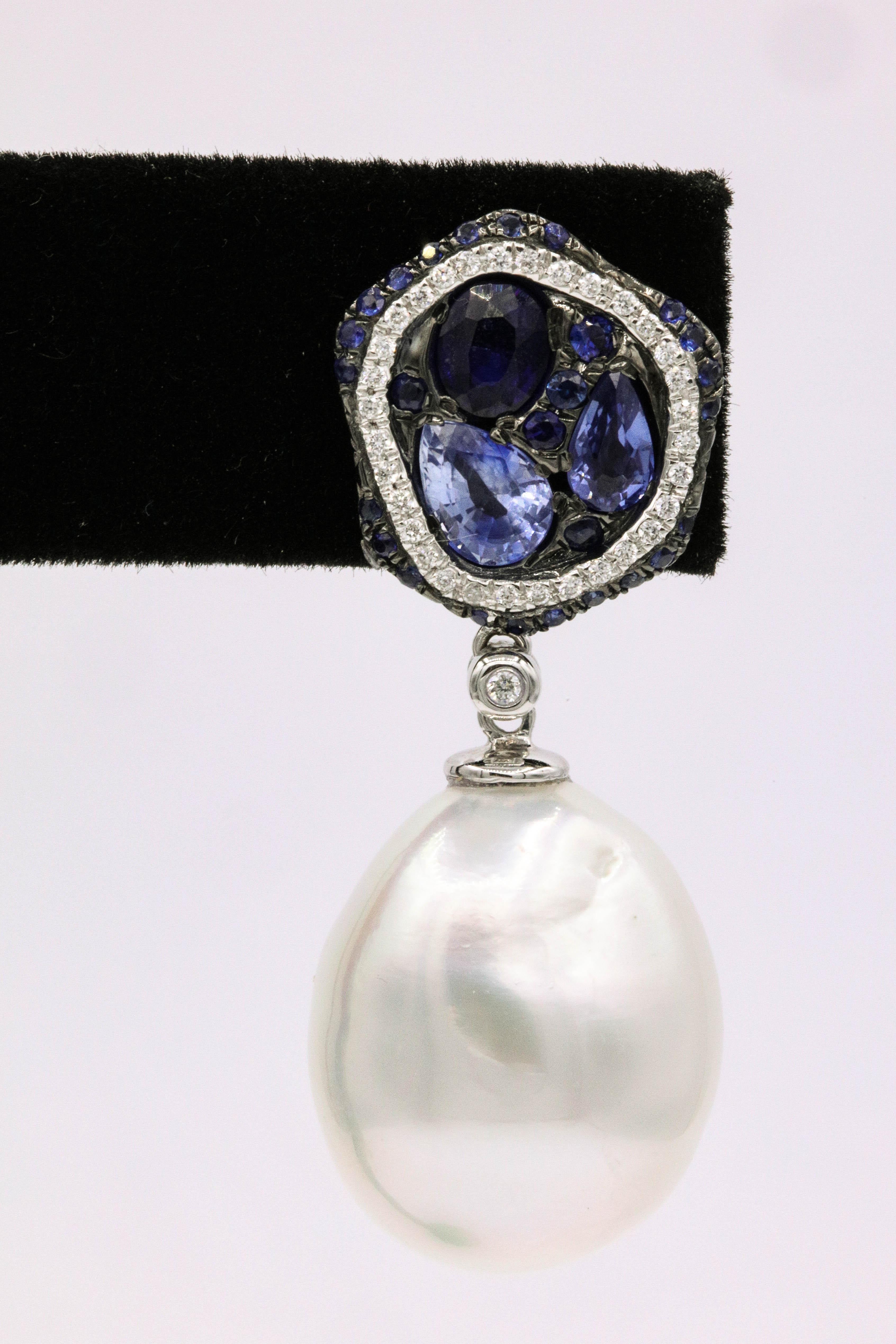 Contemporary Sapphire Diamond Pearl Drop Earrings 18 Karat White Gold