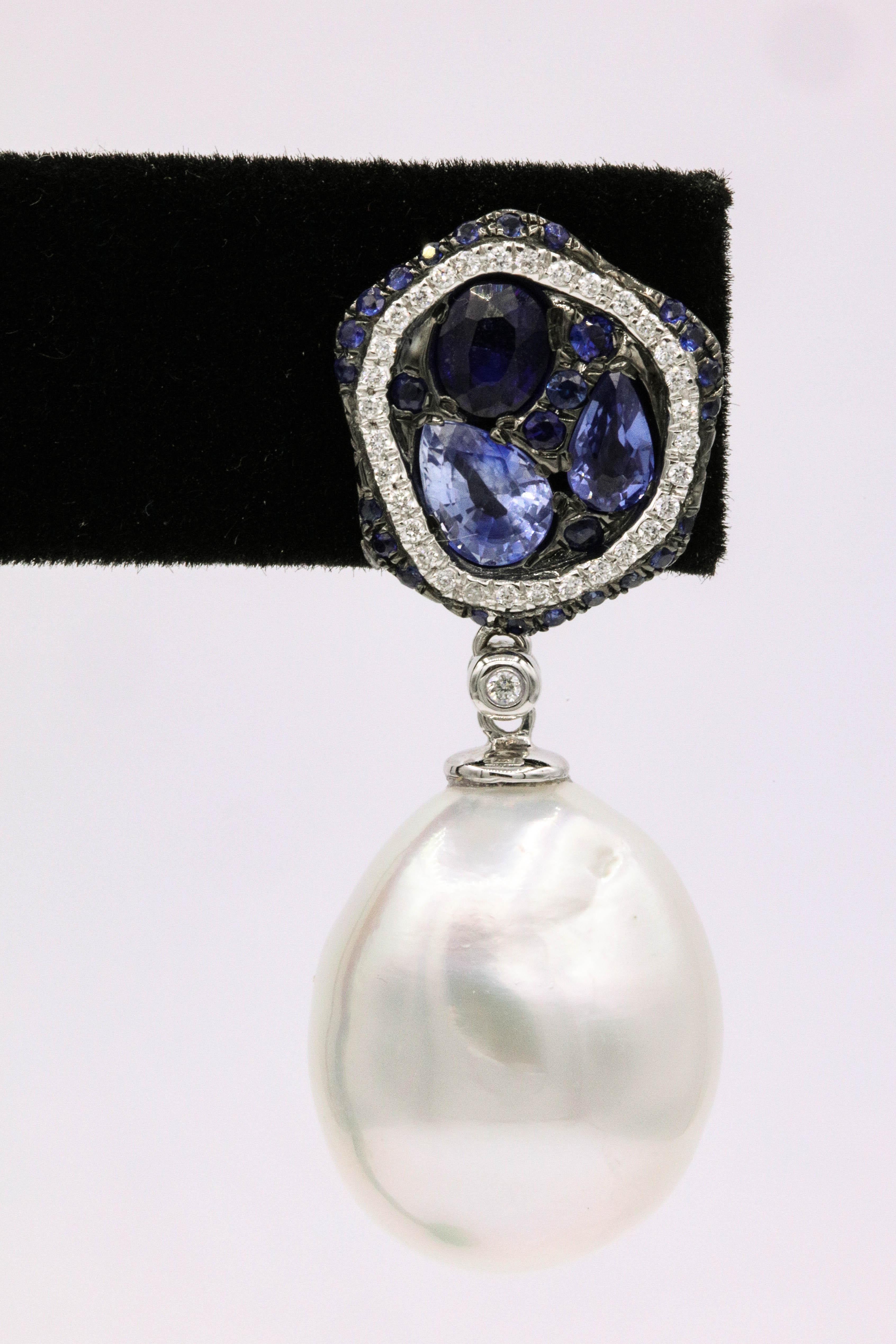Round Cut Sapphire Diamond Pearl Drop Earrings 18 Karat White Gold For Sale