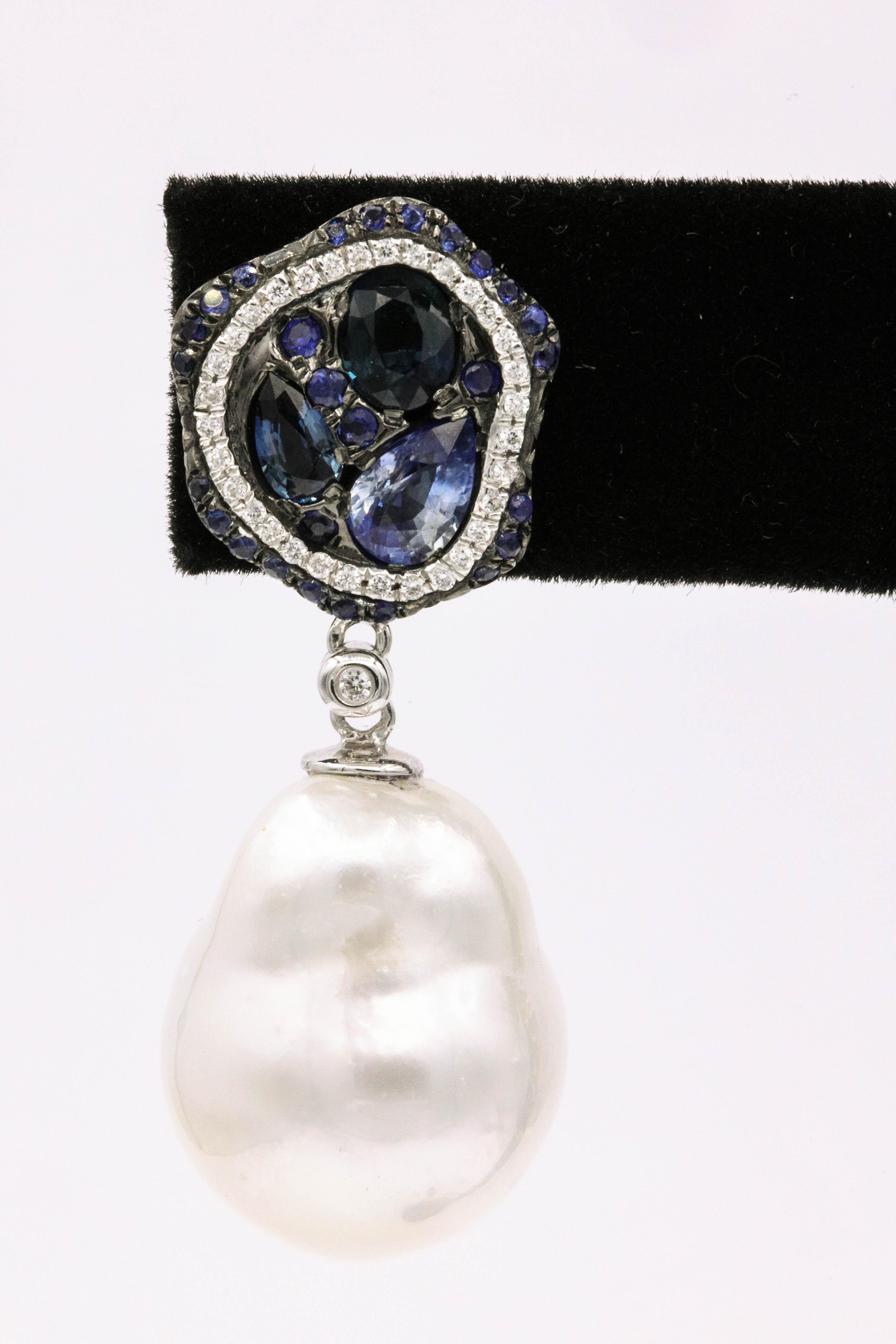 Round Cut Sapphire Diamond Pearl Drop Earrings 18 Karat White Gold