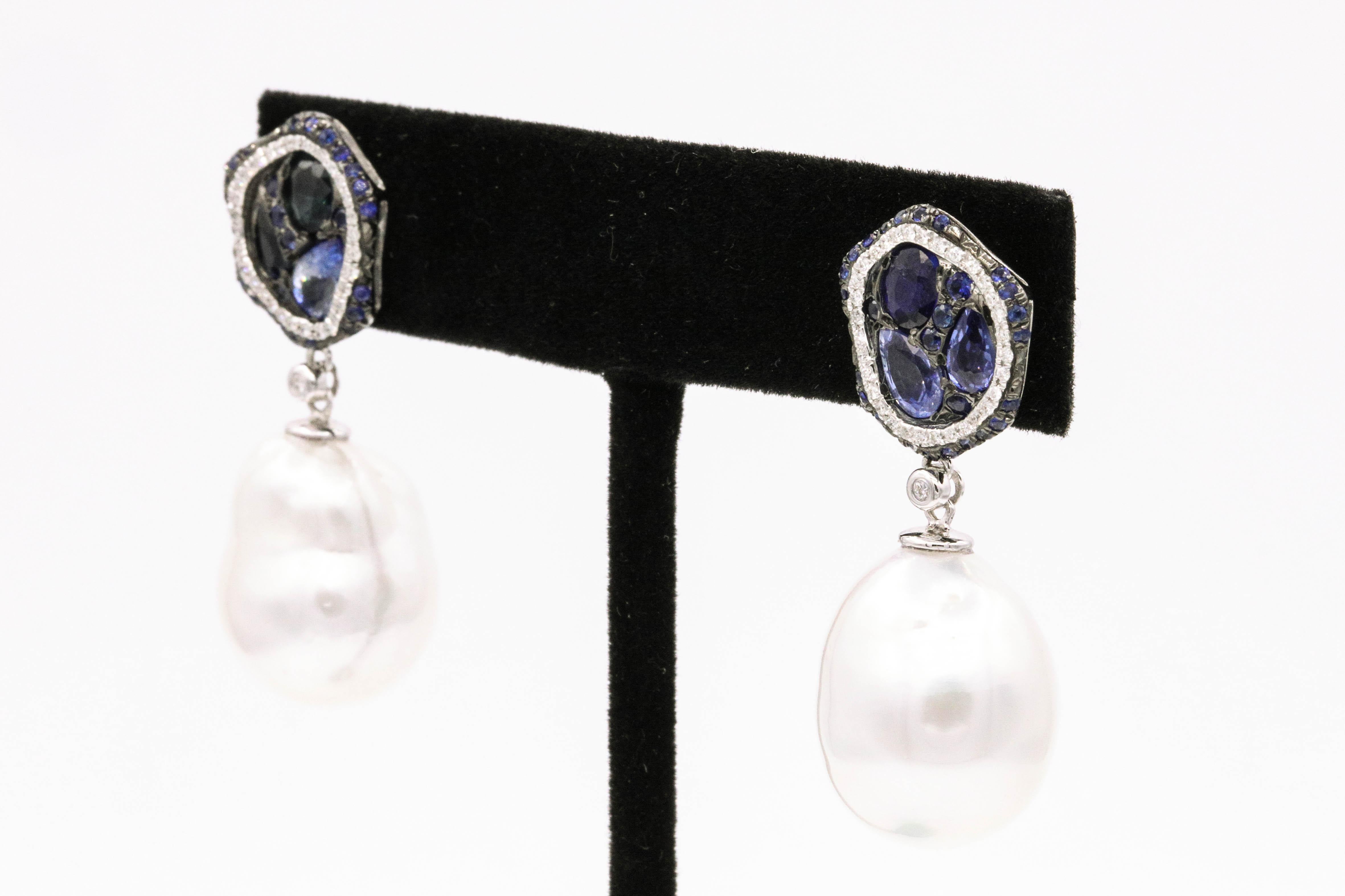 Women's Sapphire Diamond Pearl Drop Earrings 18 Karat White Gold For Sale