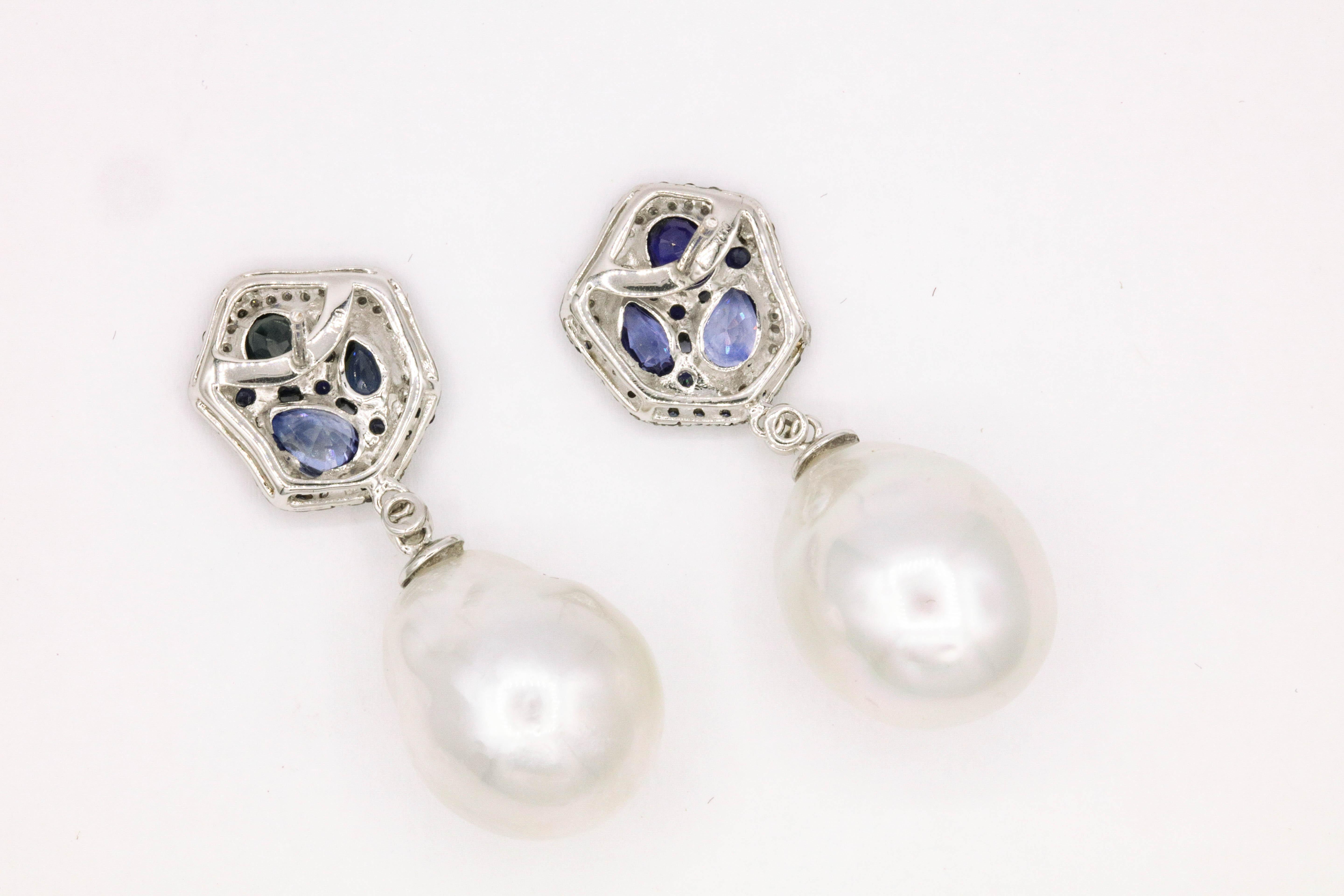 Women's or Men's Sapphire Diamond Pearl Drop Earrings 18 Karat White Gold