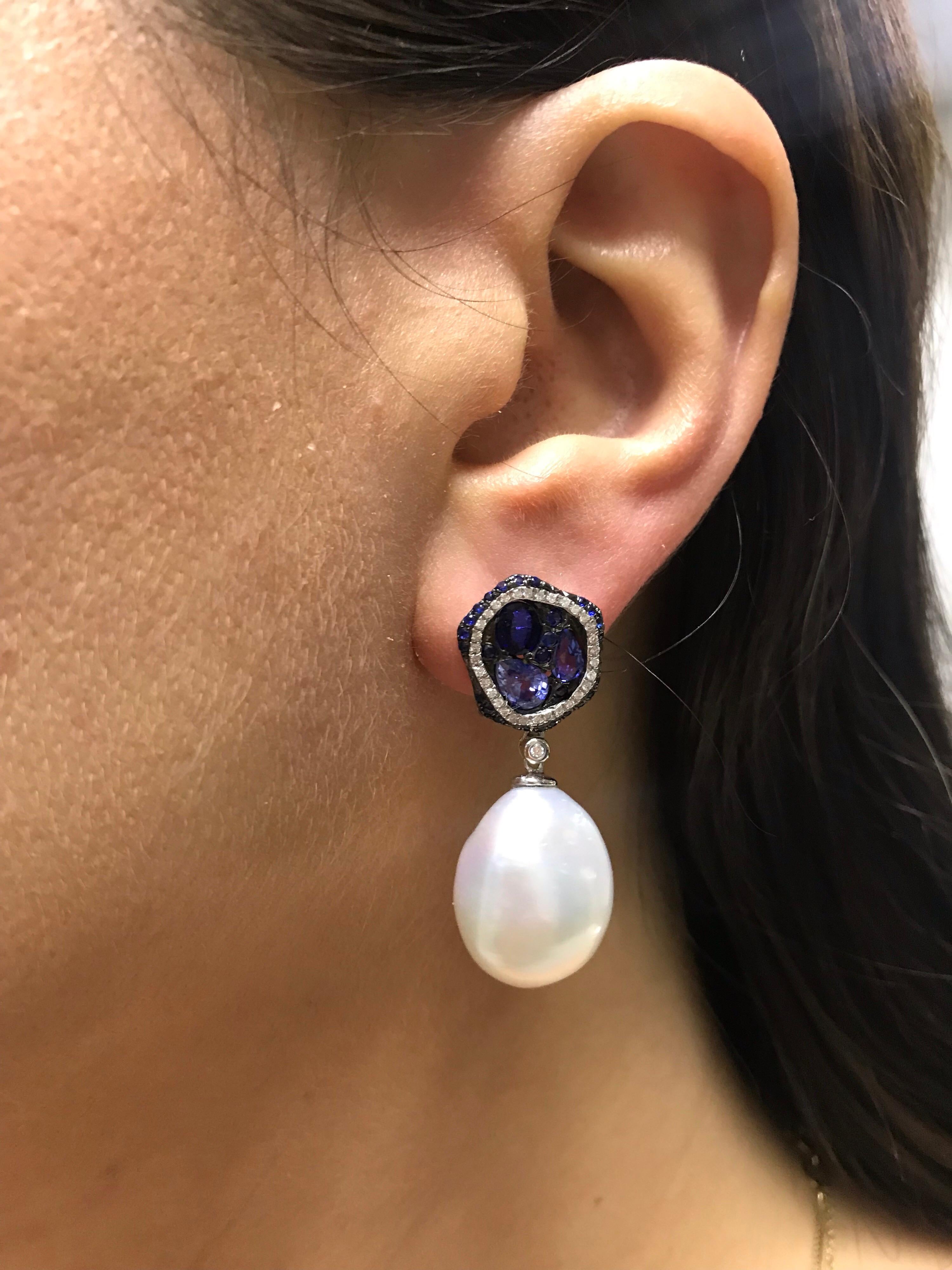 Sapphire Diamond Pearl Drop Earrings 18 Karat White Gold For Sale 2