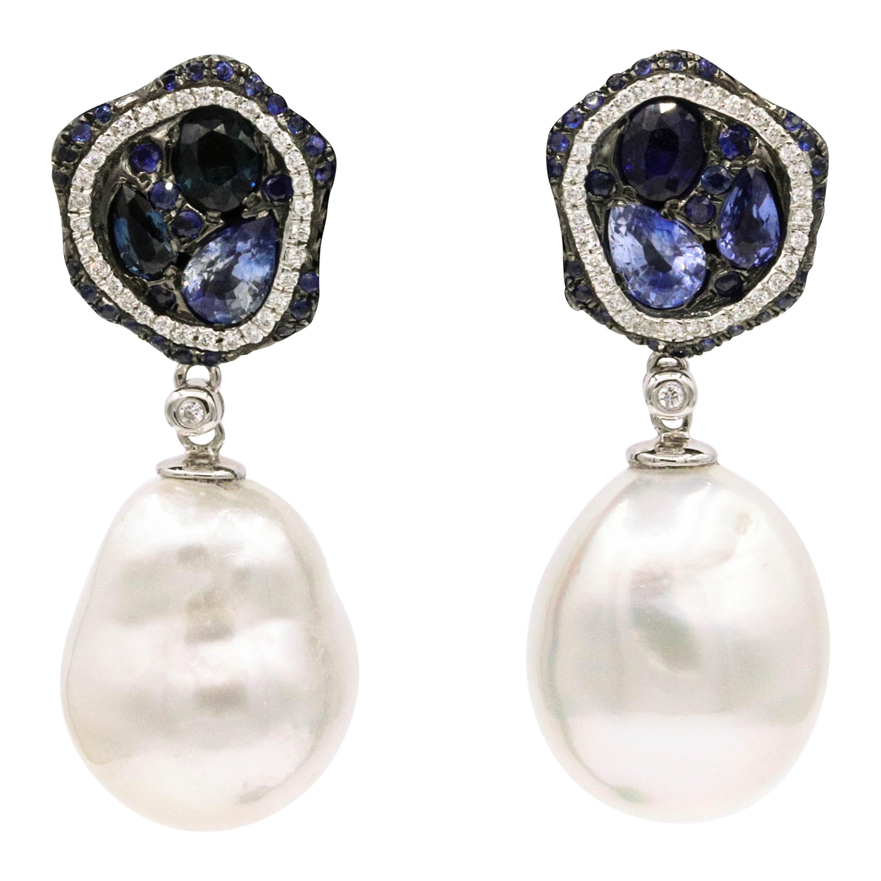 Sapphire Diamond Pearl Drop Earrings 18 Karat White Gold
