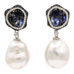 Sapphire Diamond Pearl Drop Earrings 18 Karat White Gold