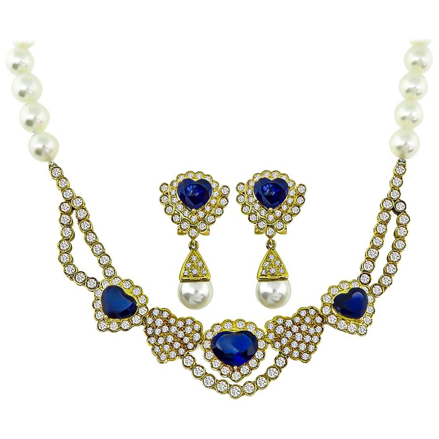 Set aus Halskette und Ohrringen mit Saphiren, Diamanten, Perlen und Herz