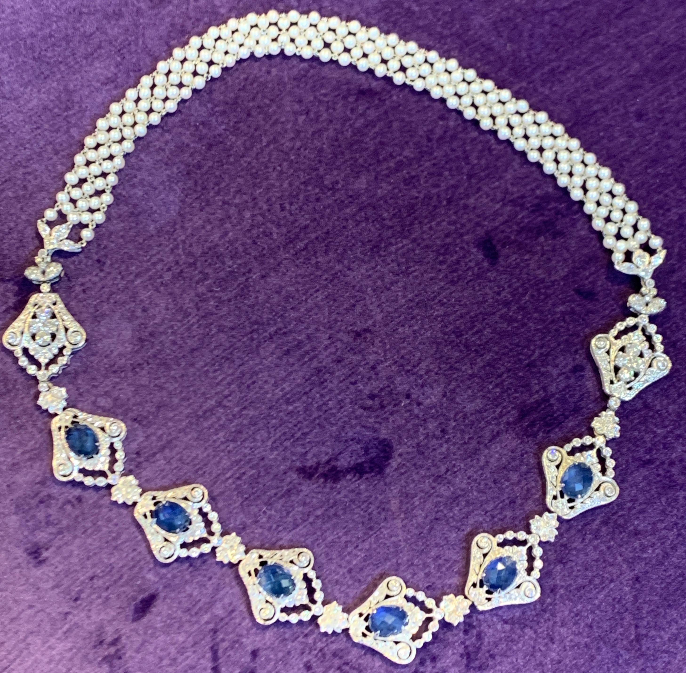 Sapphire, Diamond and Pearl Necklace For Sale 4