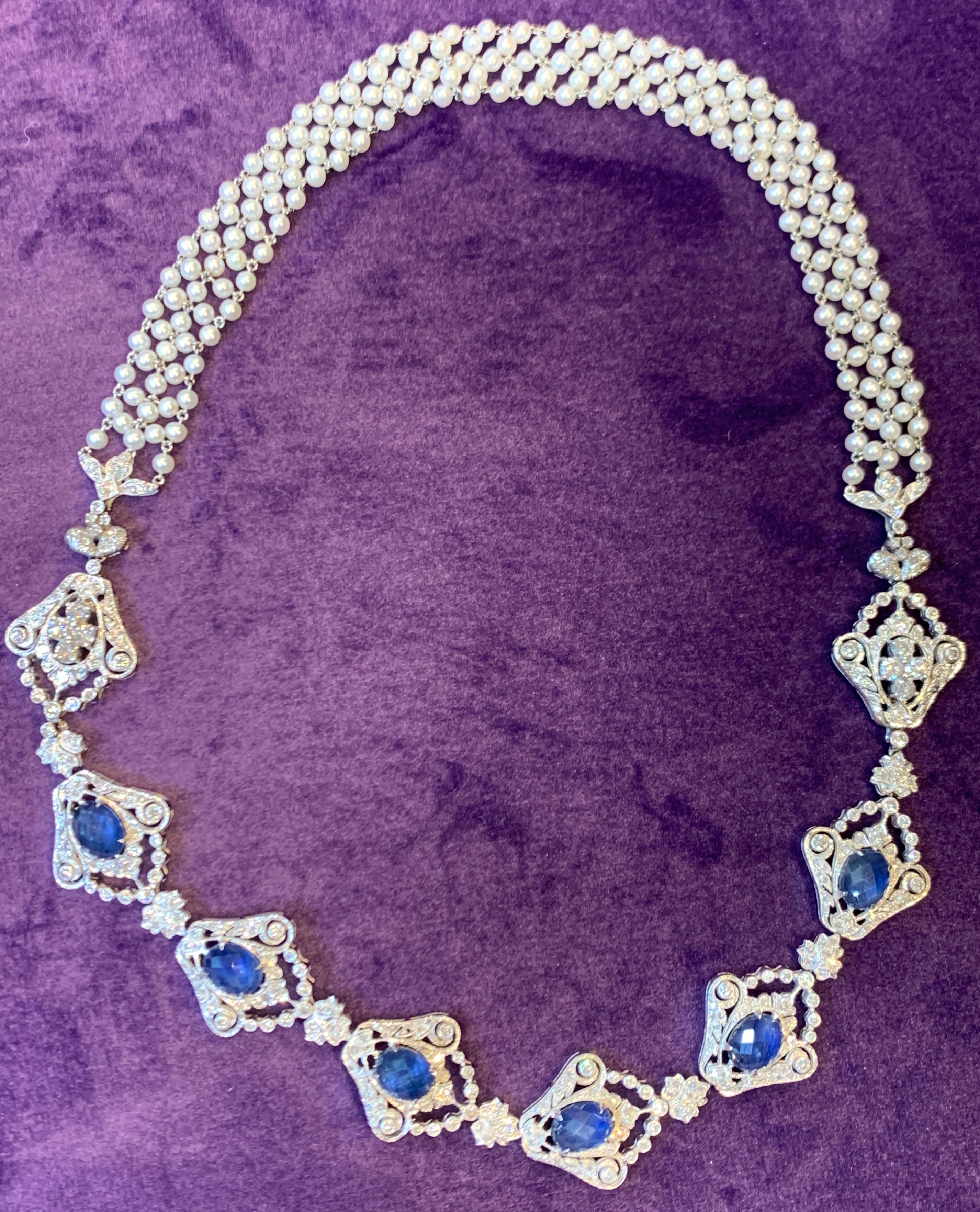 Sapphire, Diamond & Pearl Necklace with 1 detachable link 
18K White Gold & Platinum
Length: 18