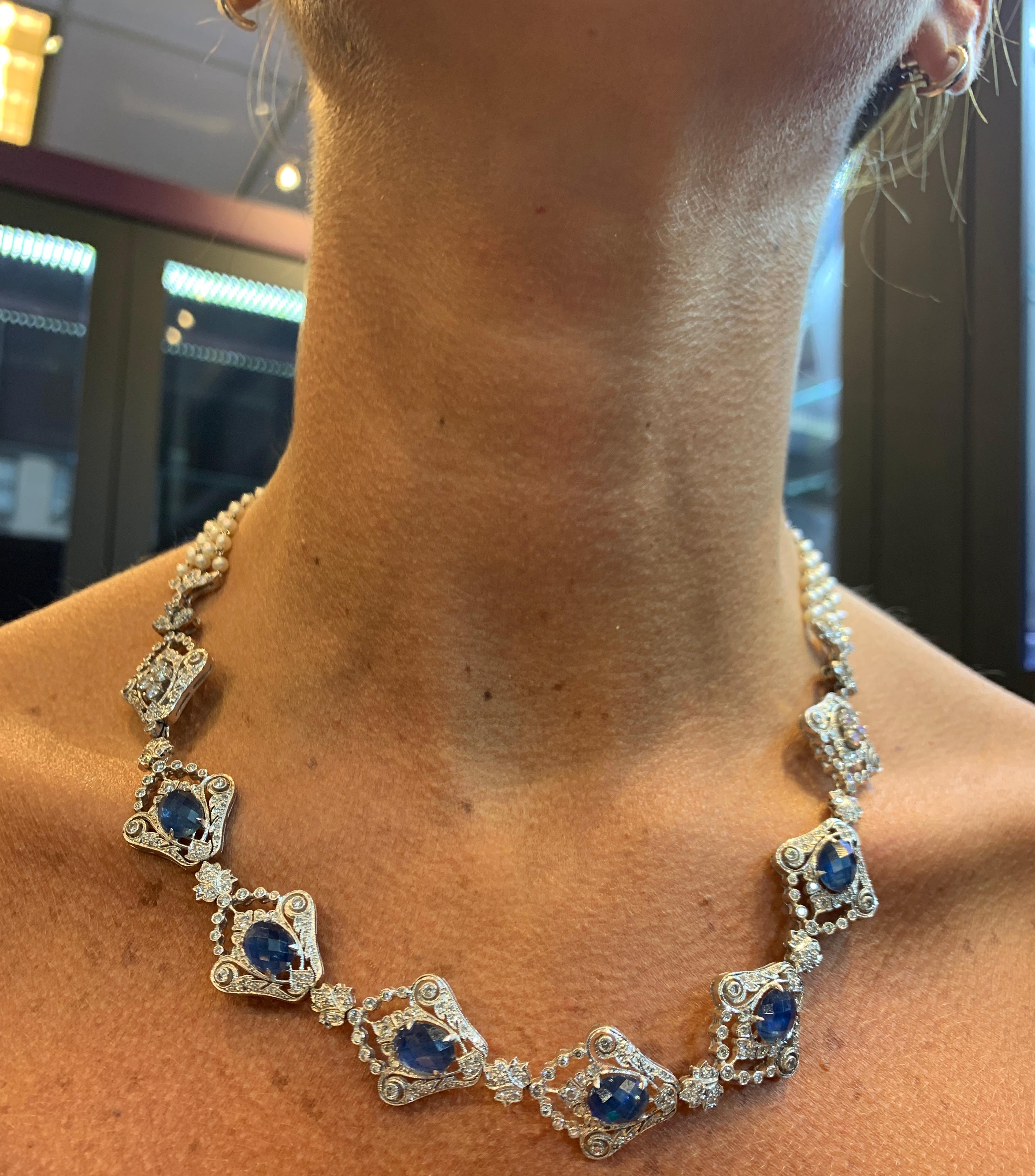 Sapphire, Diamond and Pearl Necklace In Excellent Condition For Sale In New York, NY