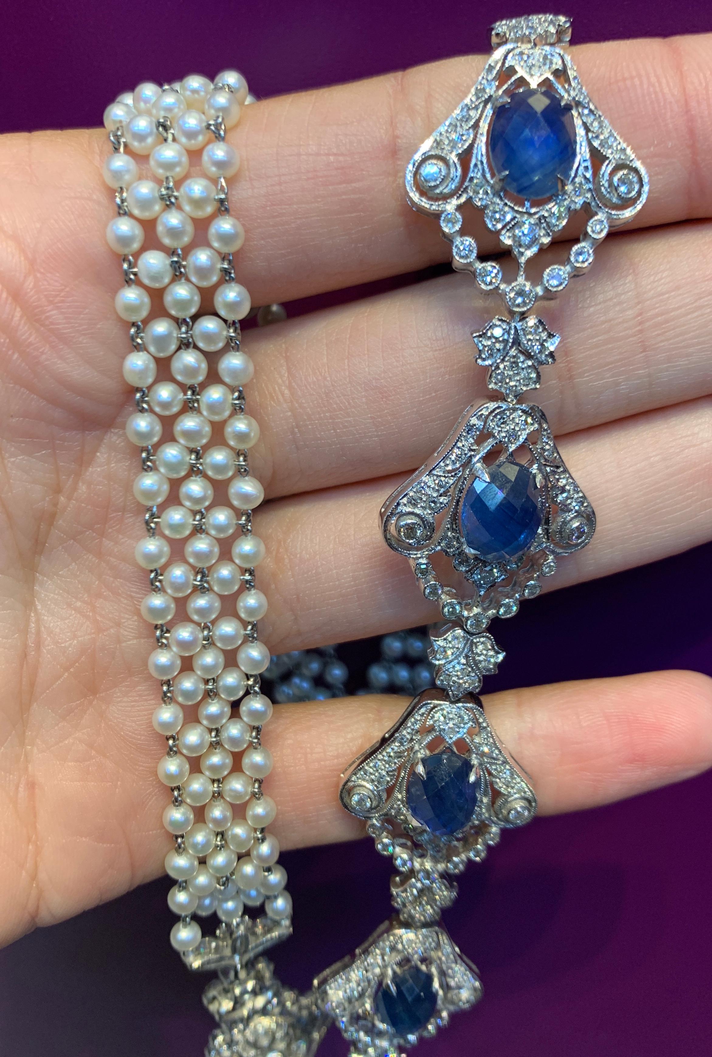 Women's Sapphire, Diamond and Pearl Necklace For Sale