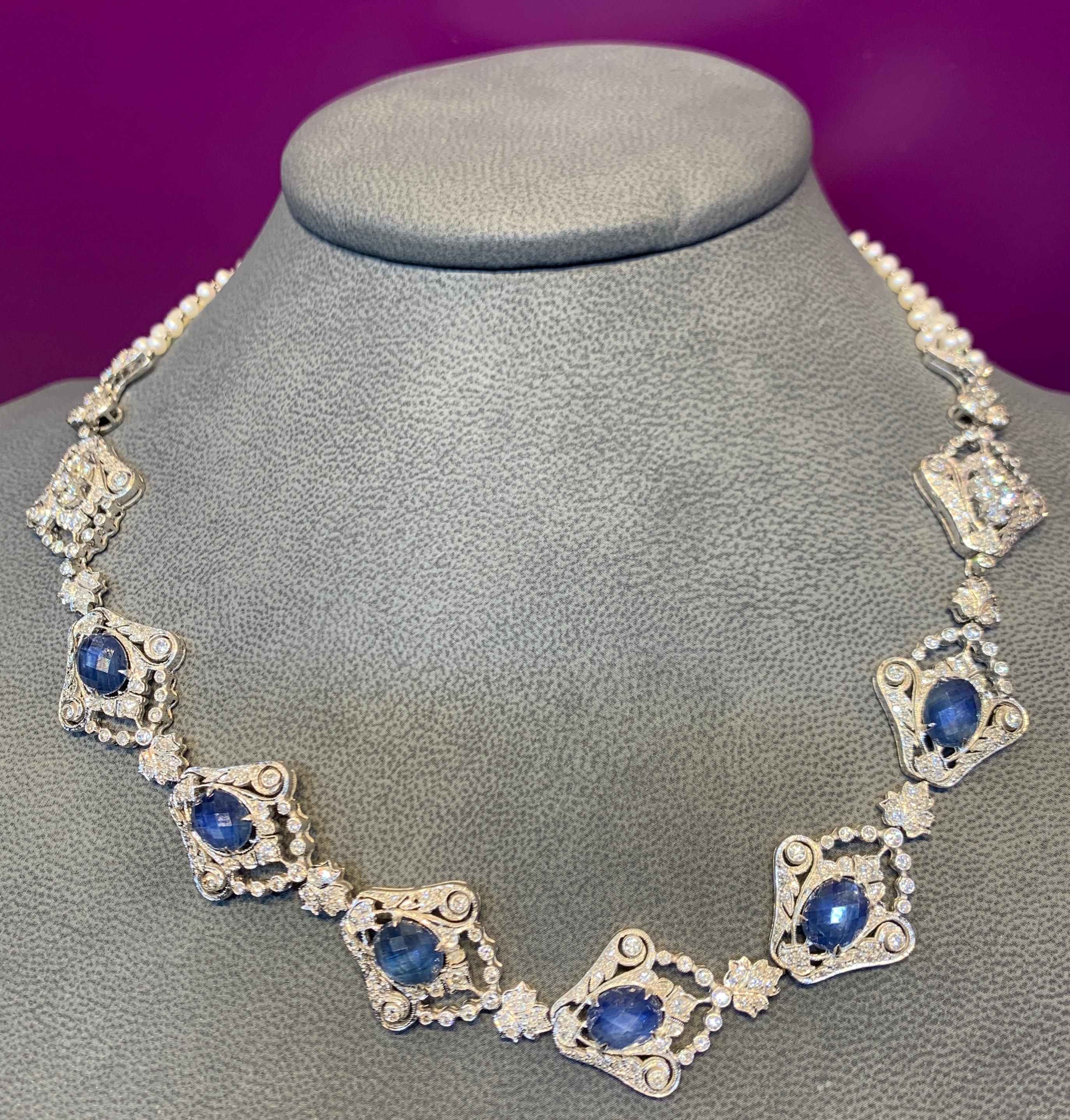 Sapphire, Diamond and Pearl Necklace For Sale 1
