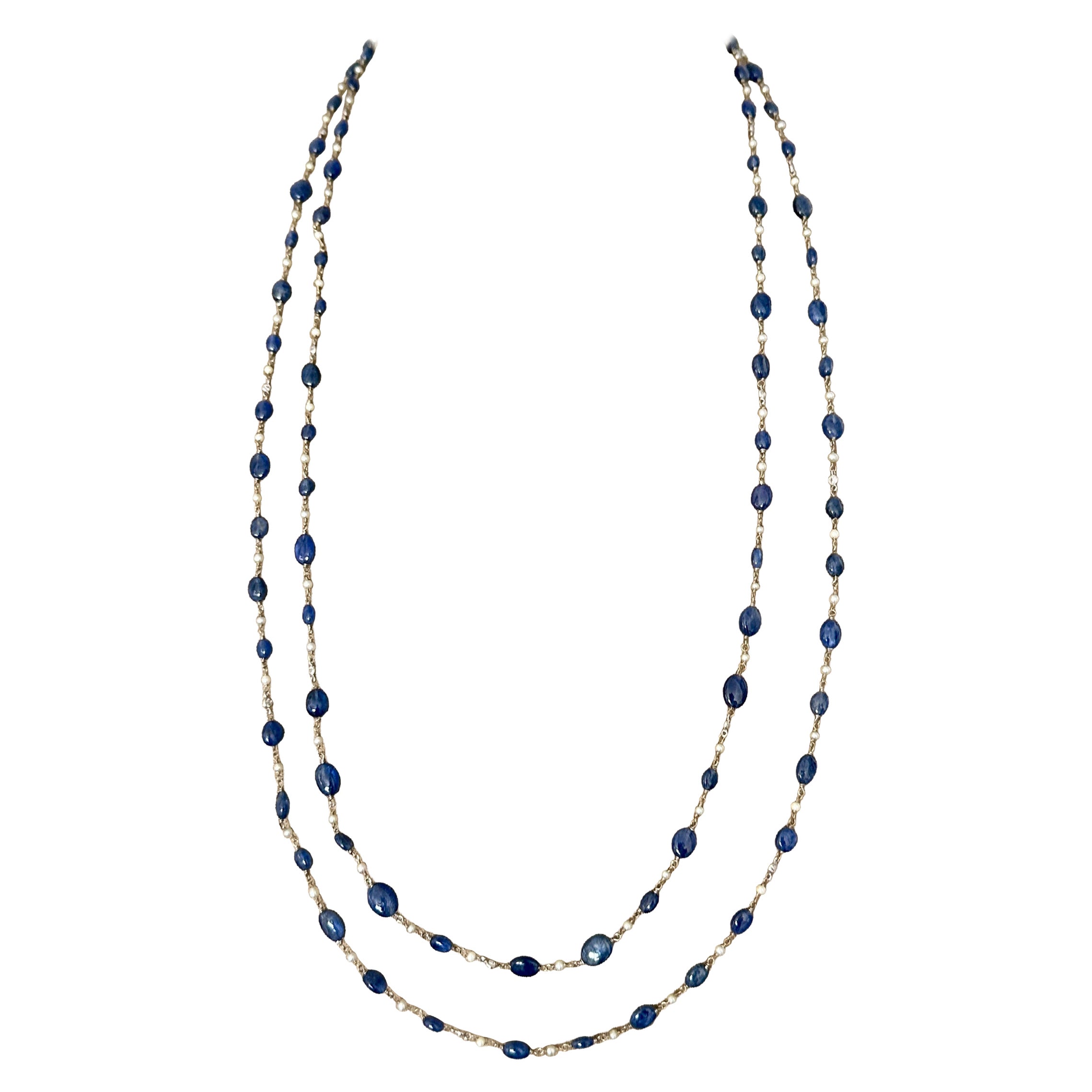 Collana lunga con zaffiri, diamanti e perle, 63" in oro bianco 14K, venduta al metro in vendita