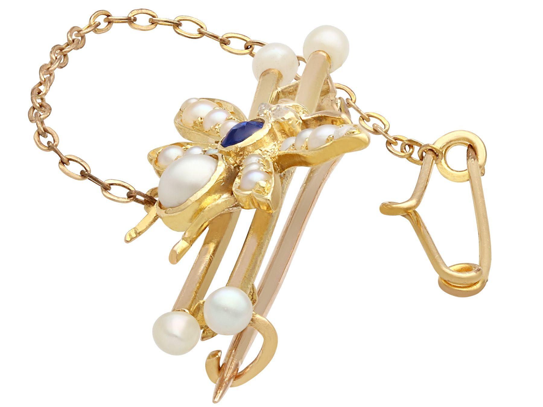 Women's Antique Victorian Sapphire Diamond and Pearl Yellow Gold 'Insect' Brooch For Sale