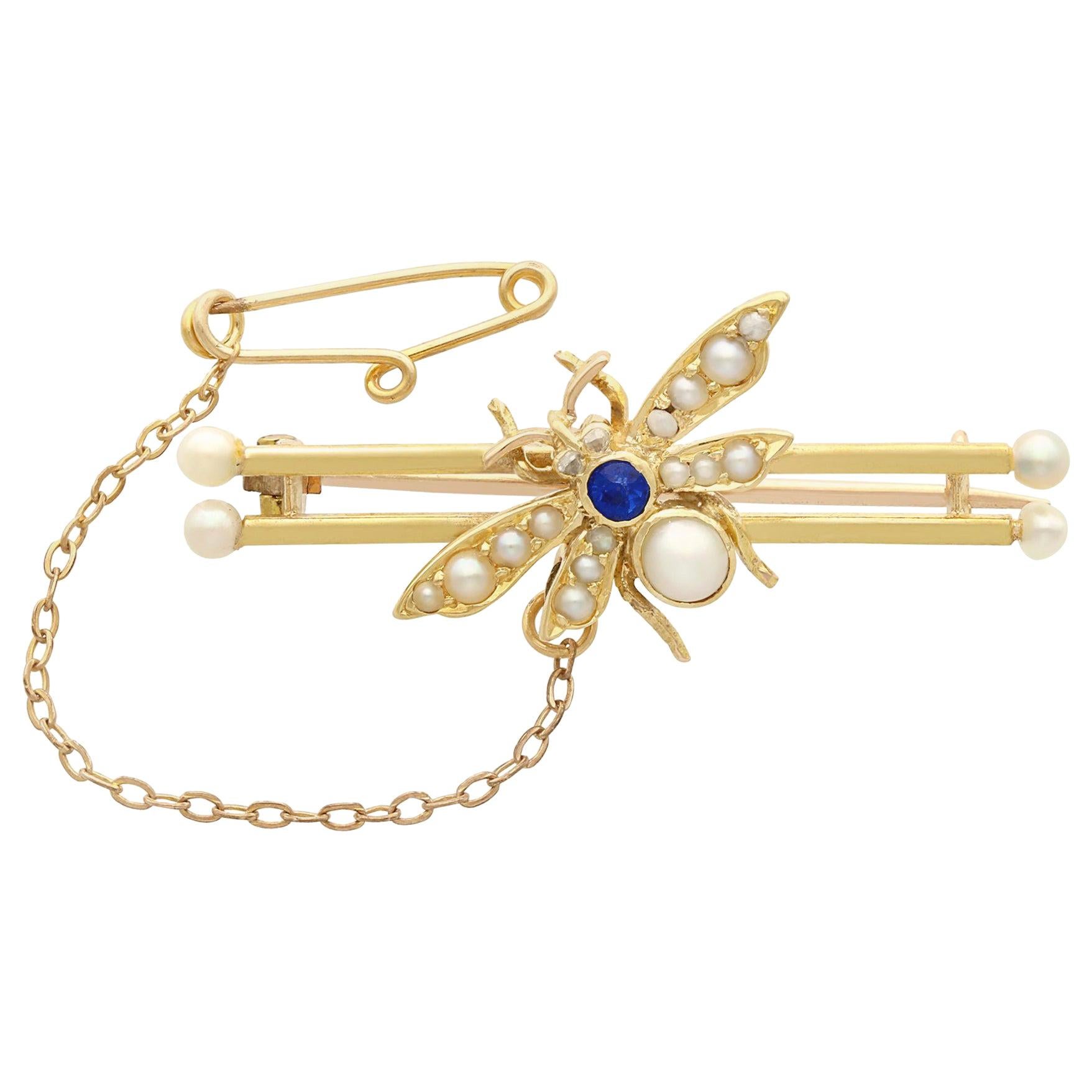 Antique Victorian Sapphire Diamond and Pearl Yellow Gold 'Insect' Brooch For Sale