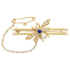Sapphire Diamond Pearl Yellow Gold 'Insect' Brooch, Antique Victorian