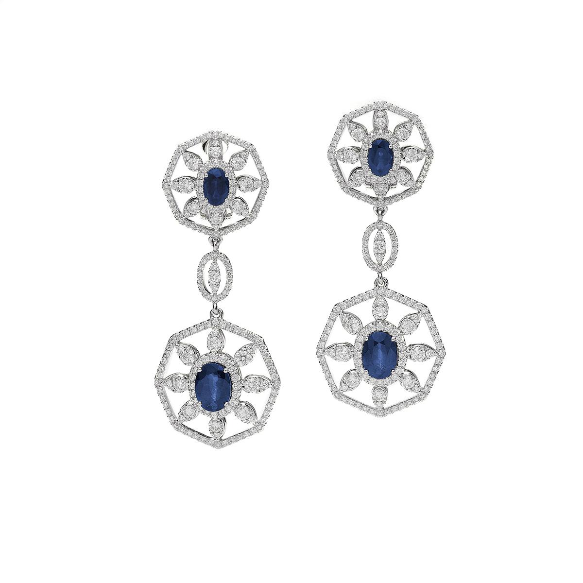 Earrings in 18kt white gold set with 4 oval cut sapphires 4.41 cts and 374 diamonds 3.35 cts