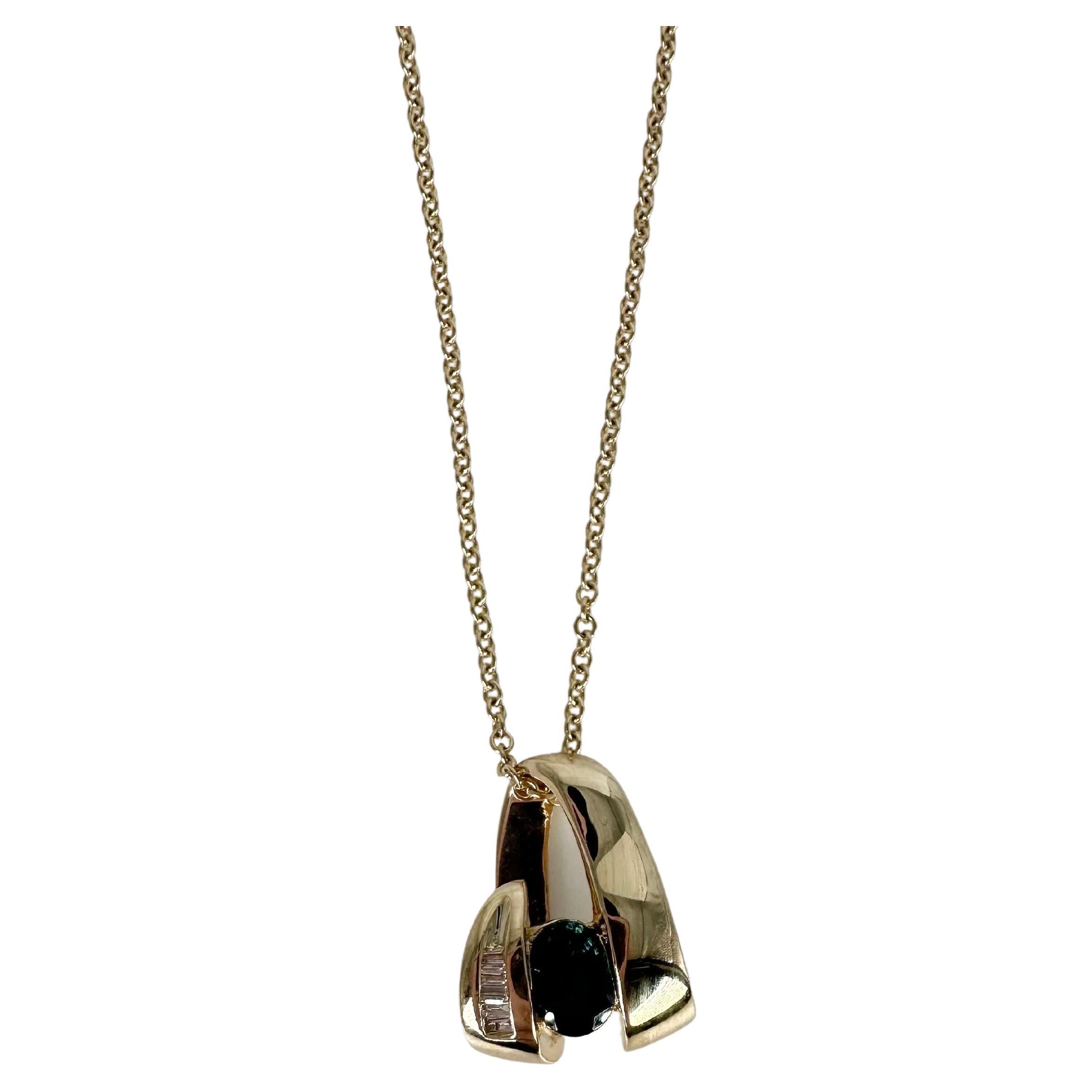 Sapphire Diamond Pendant Necklace 14 Karat Yellow Gold Art Deco Inspired Style For Sale