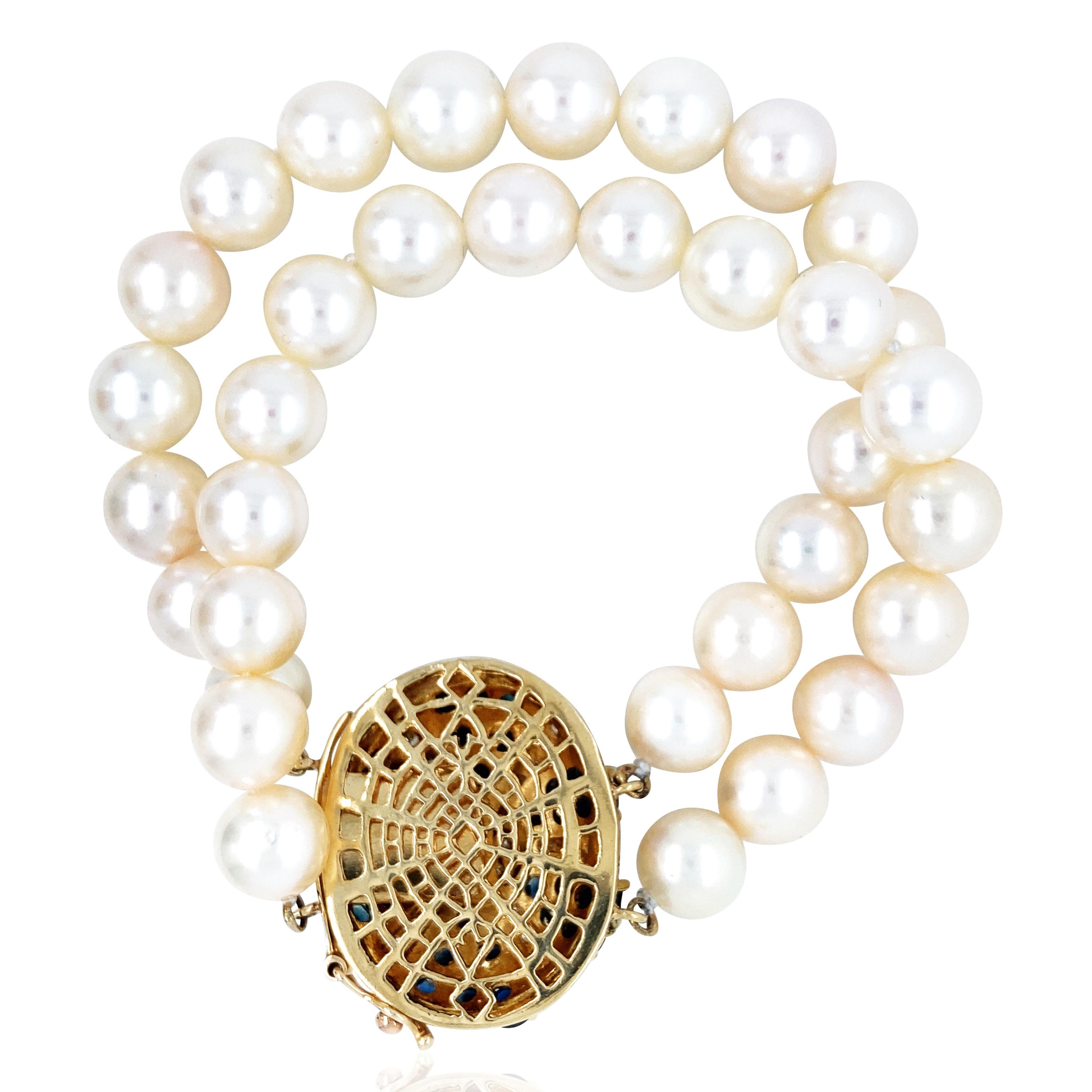 Round Cut Sapphire Diamond Pendant Pearl Bracelet For Sale
