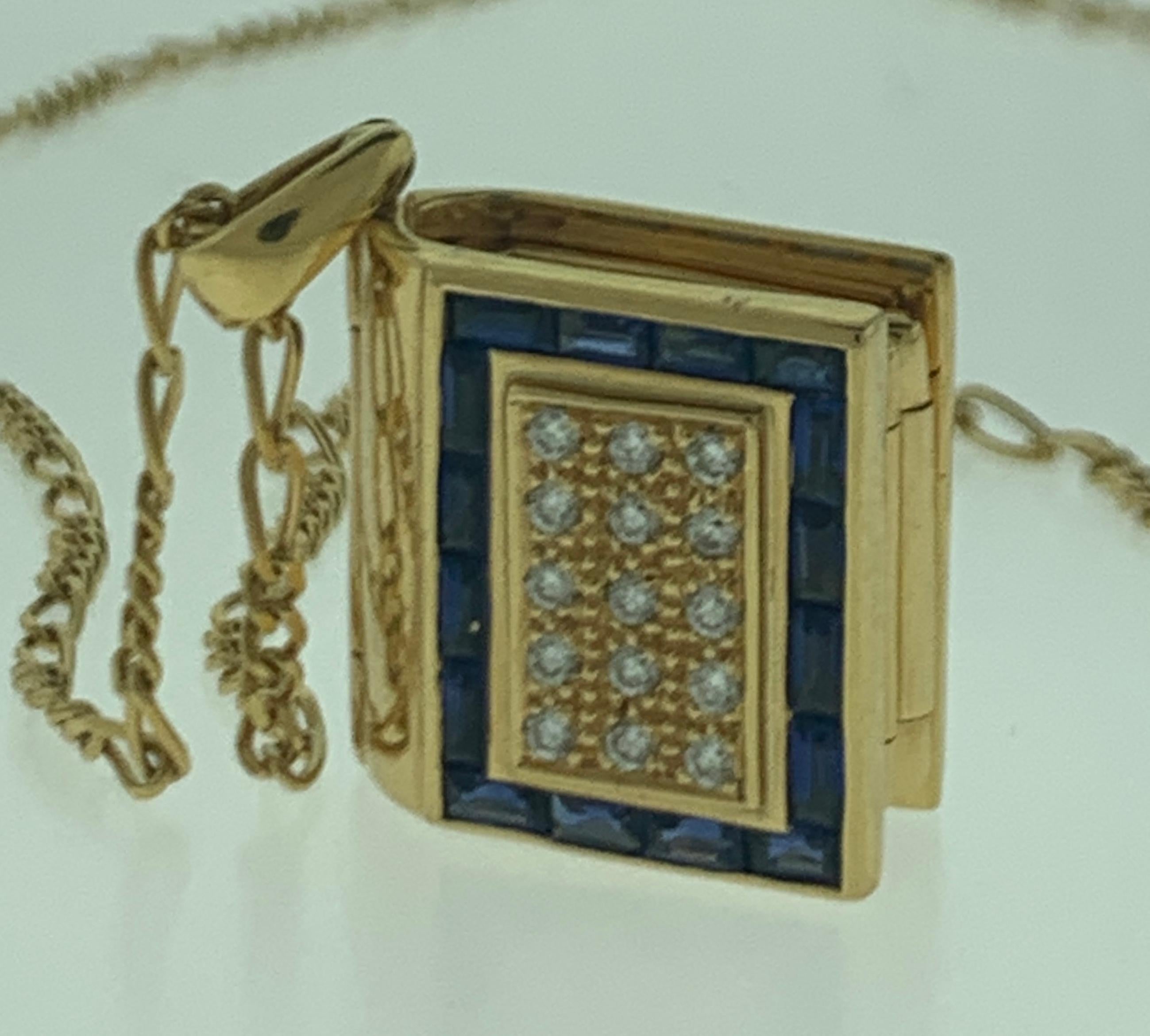 Sapphire & Diamond Photo Frame Book Pendant 8 Mother of Pearl Leaves 18K Gold For Sale 4