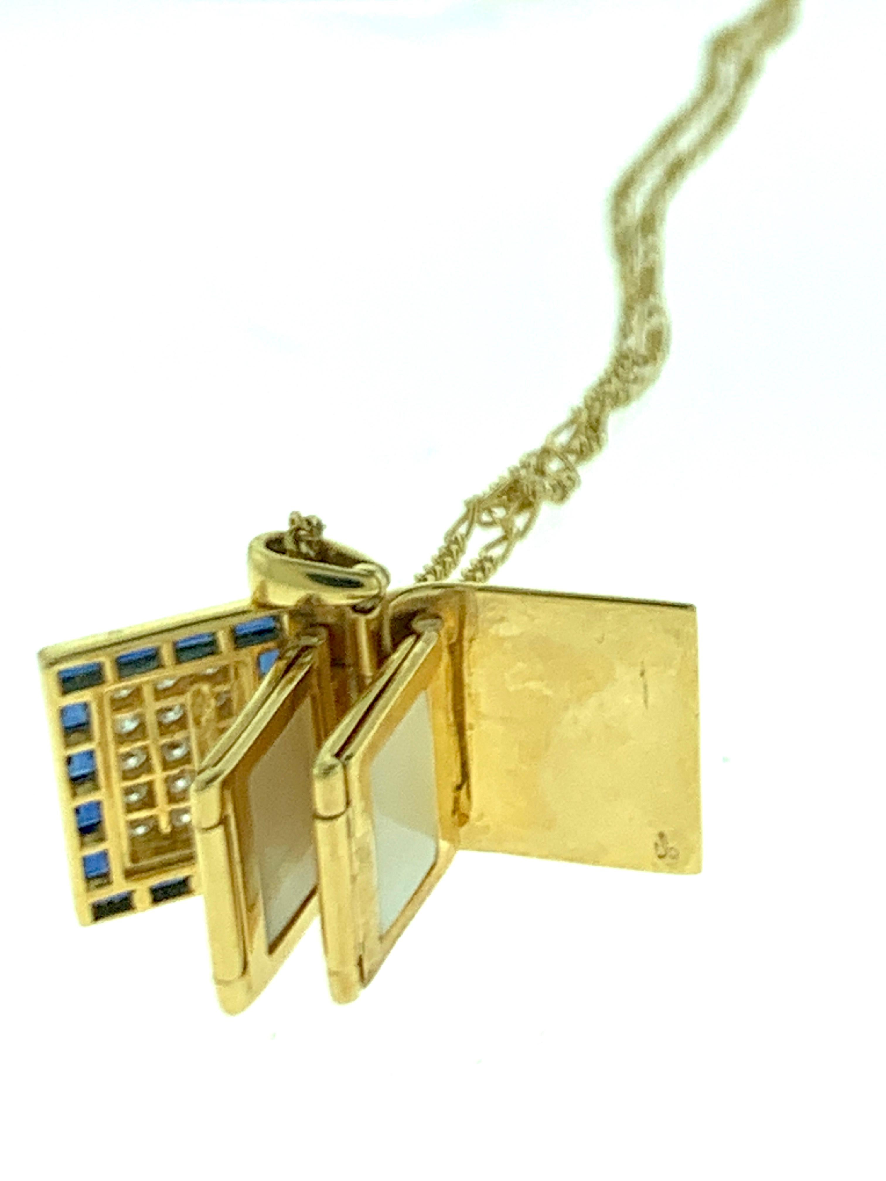 Sapphire & Diamond Photo Frame Book Pendant 8 Mother of Pearl Leaves 18K Gold For Sale 5