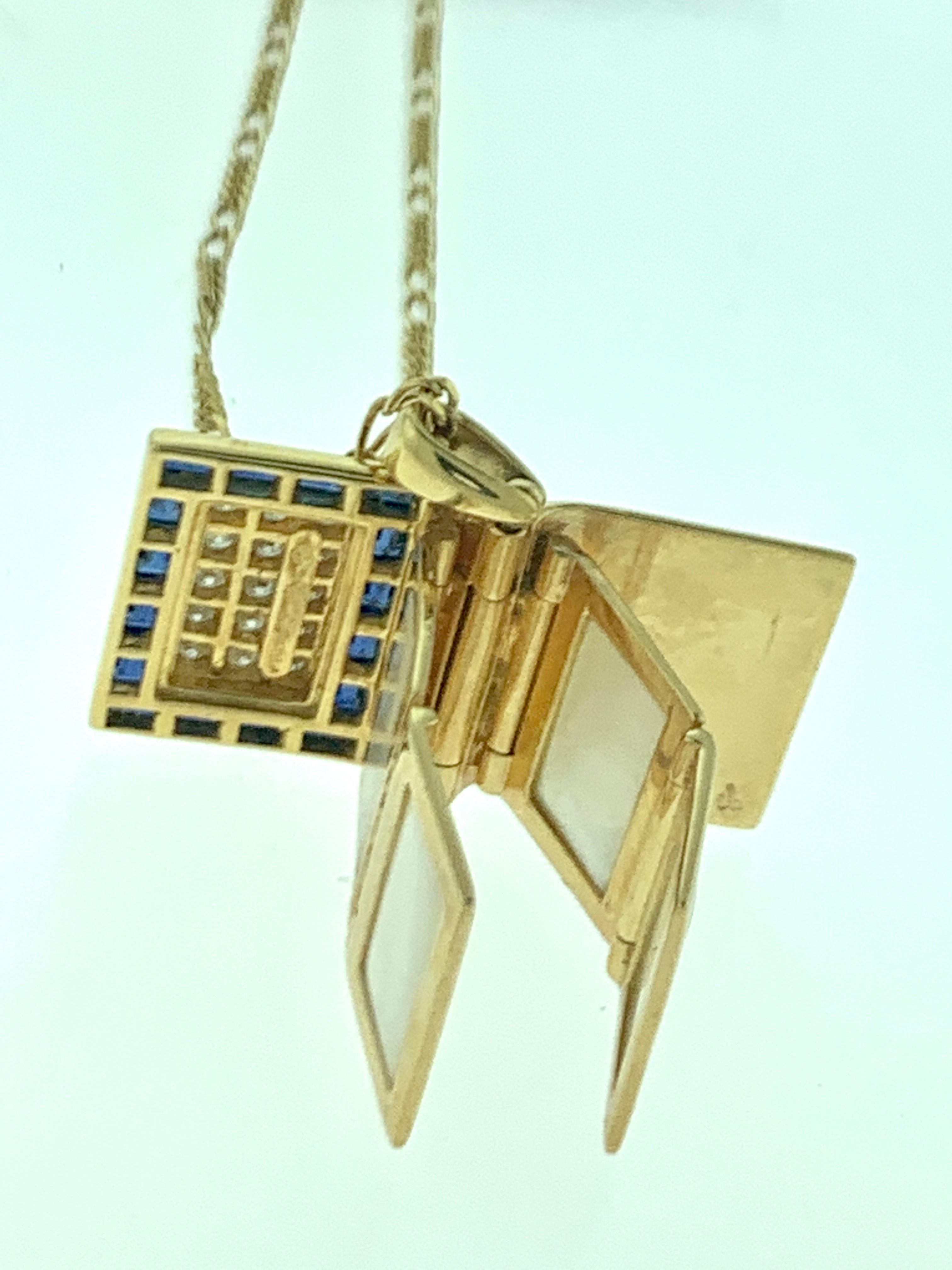 Sapphire & Diamond Photo Frame Book Pendant 8 Mother of Pearl Leaves 18K Gold For Sale 6