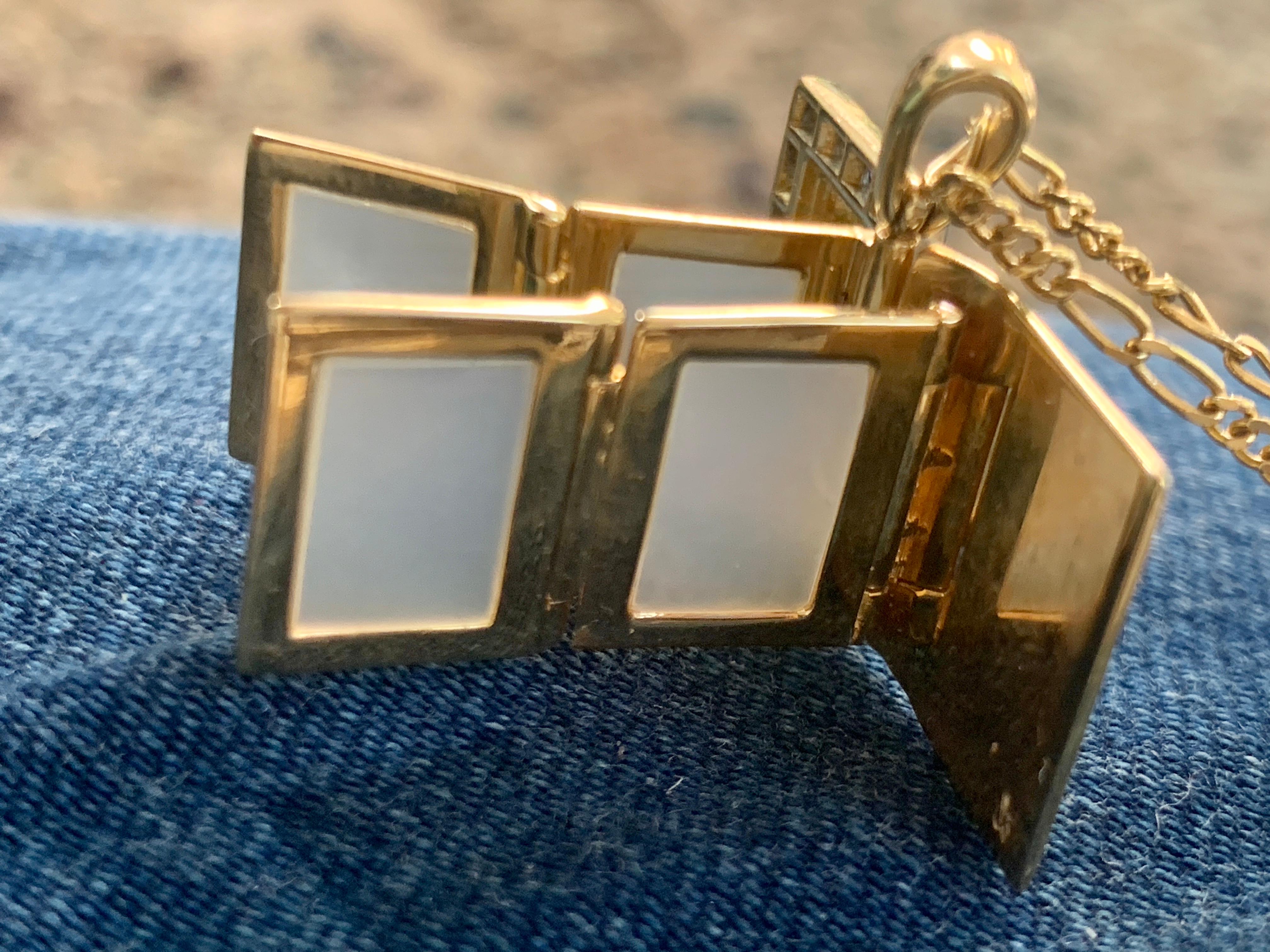 Sapphire & Diamond Photo Frame Book Pendant 8 Mother of Pearl Leaves 18K Gold In Excellent Condition For Sale In New York, NY