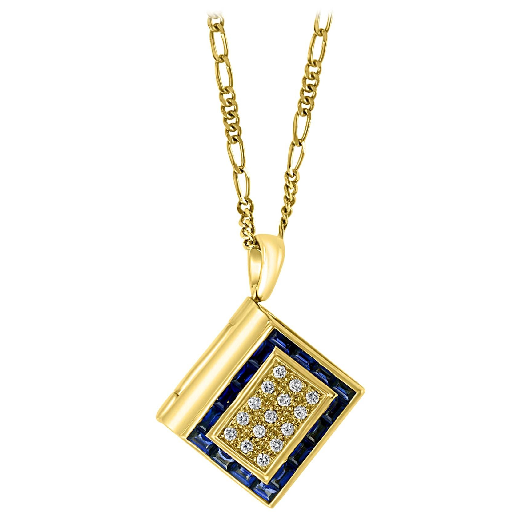 Sapphire & Diamond Photo Frame Book Pendant 8 Mother of Pearl Leaves 18K Gold For Sale