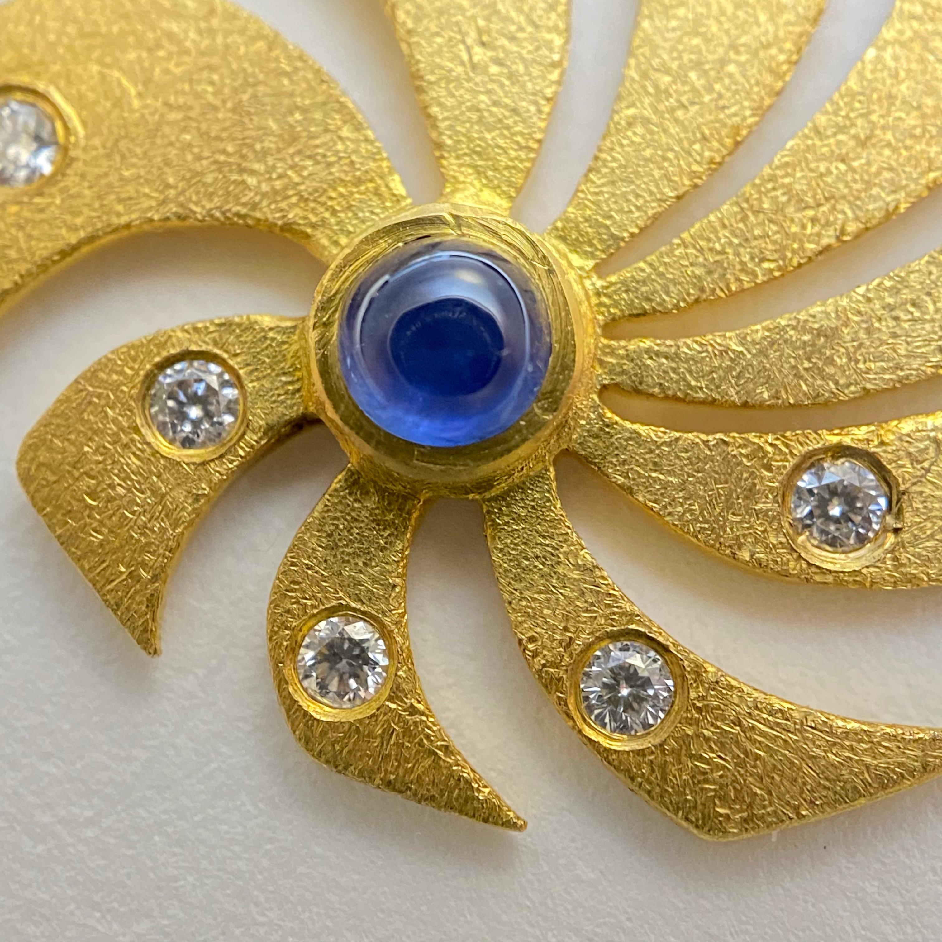 The delightful Pinwheel earrings feature two Cabochon Sapphires and brilliant cut diamonds. They are refreshingly playful. The gold is sand blasted, and they finish in French wires on the ear, keeping with the upbeat spirit of the earrings.

A2