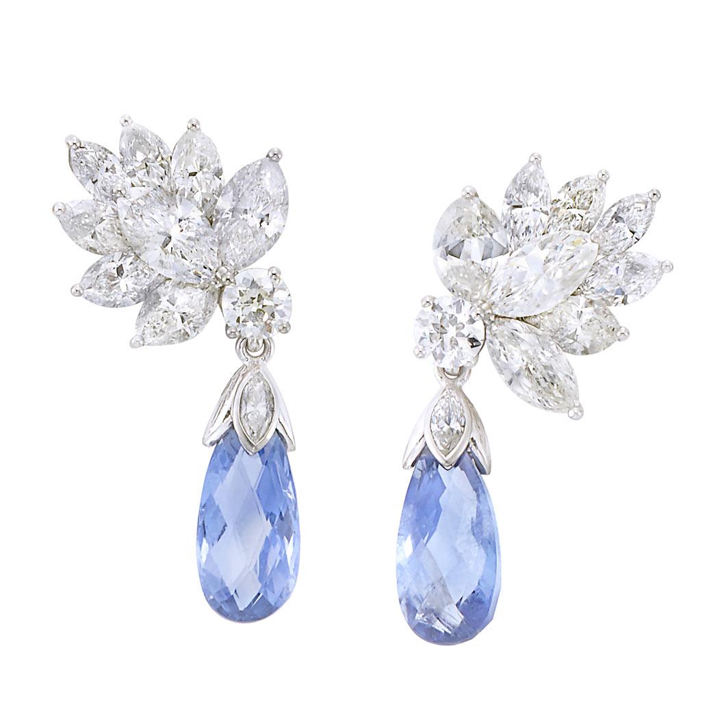 Orecchini pendenti con zaffiro e diamante in platino con briolette certificati GIA In condizioni ottime in vendita a New York, NY