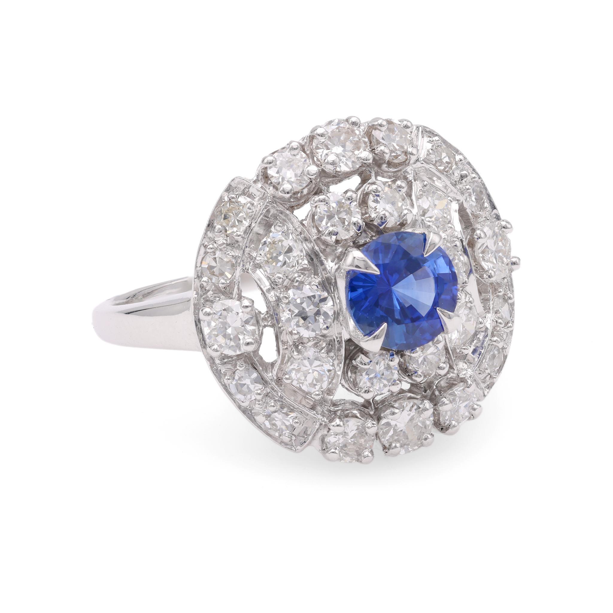Round Cut Sapphire Diamond Platinum Cluster Ring For Sale