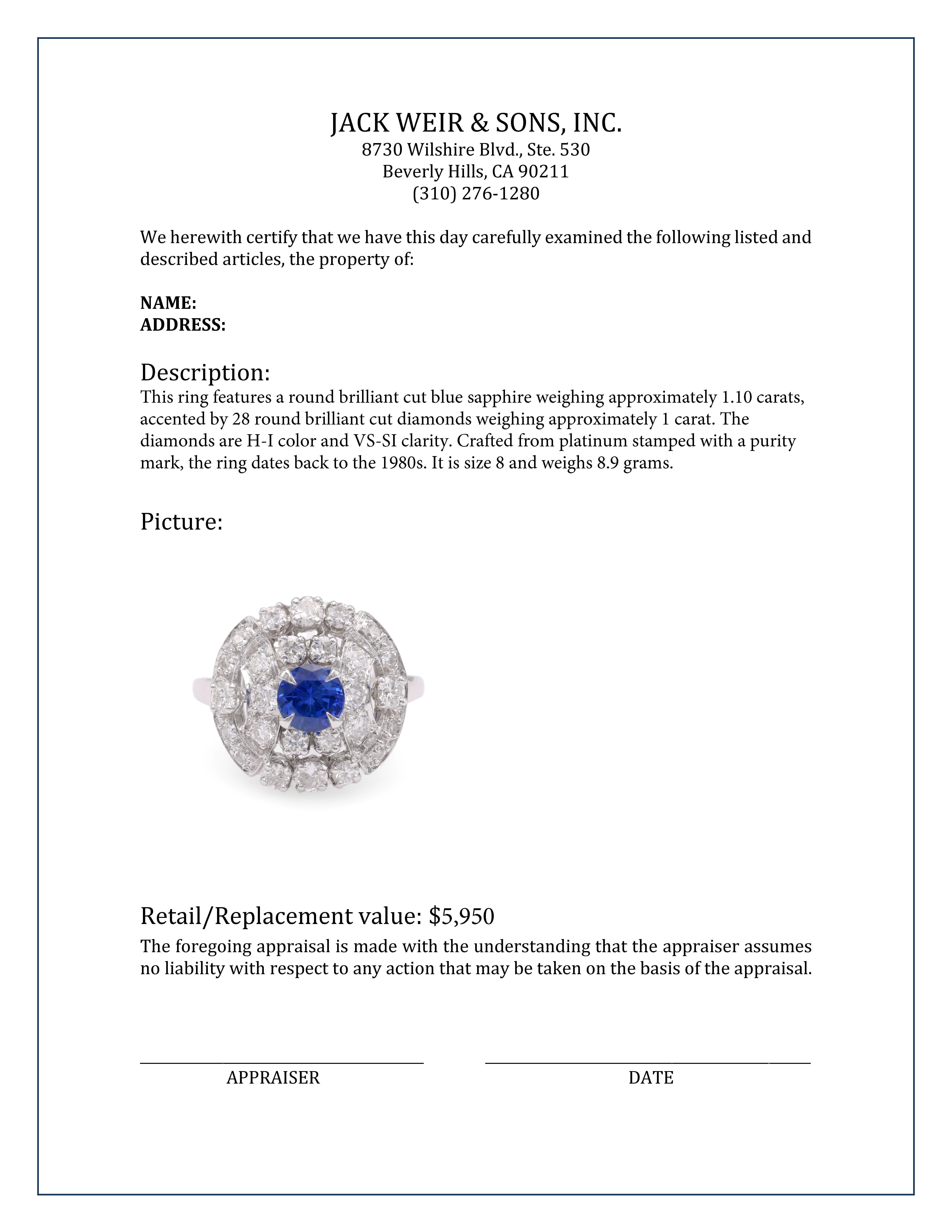 Women's or Men's Sapphire Diamond Platinum Cluster Ring For Sale