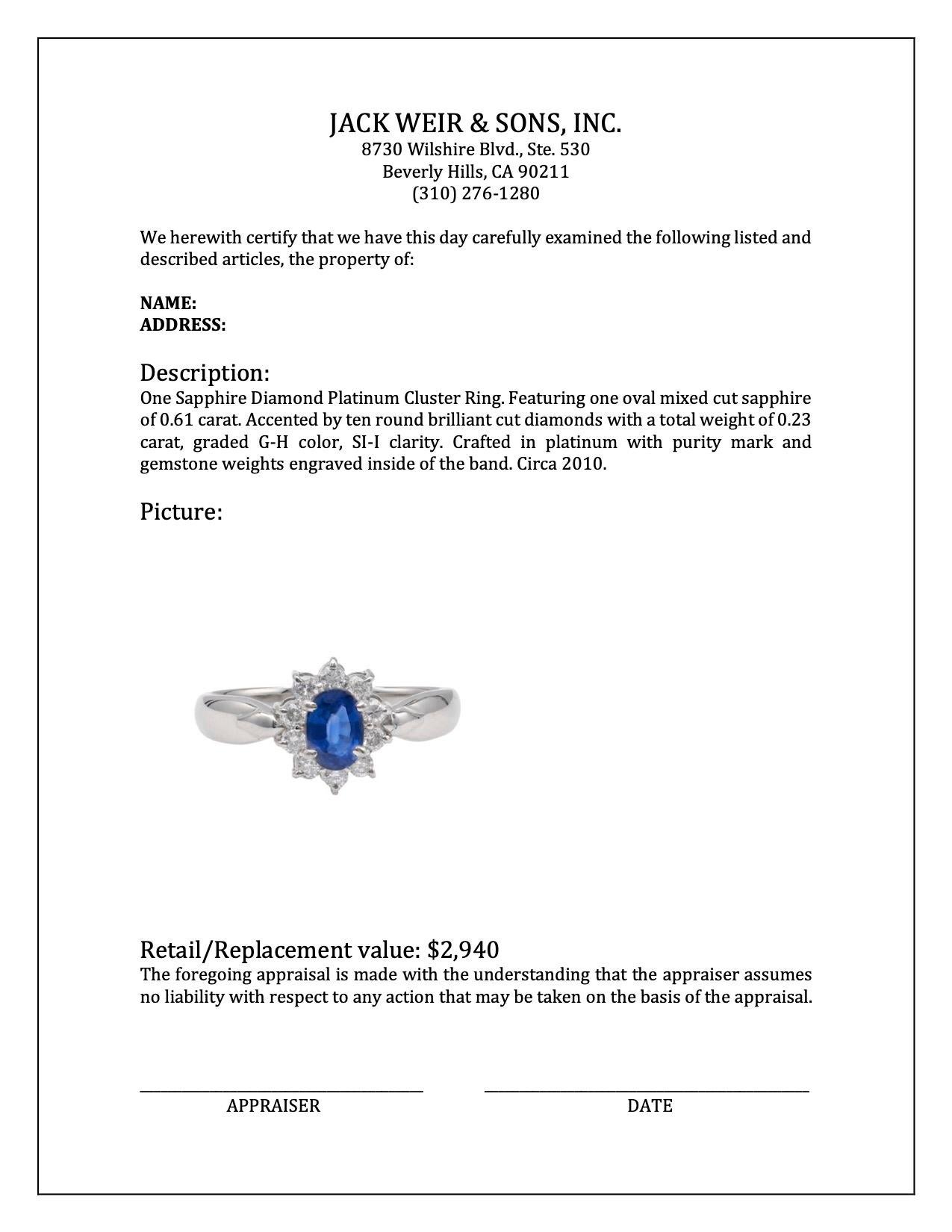 Sapphire Diamond Platinum Cluster Ring For Sale 1