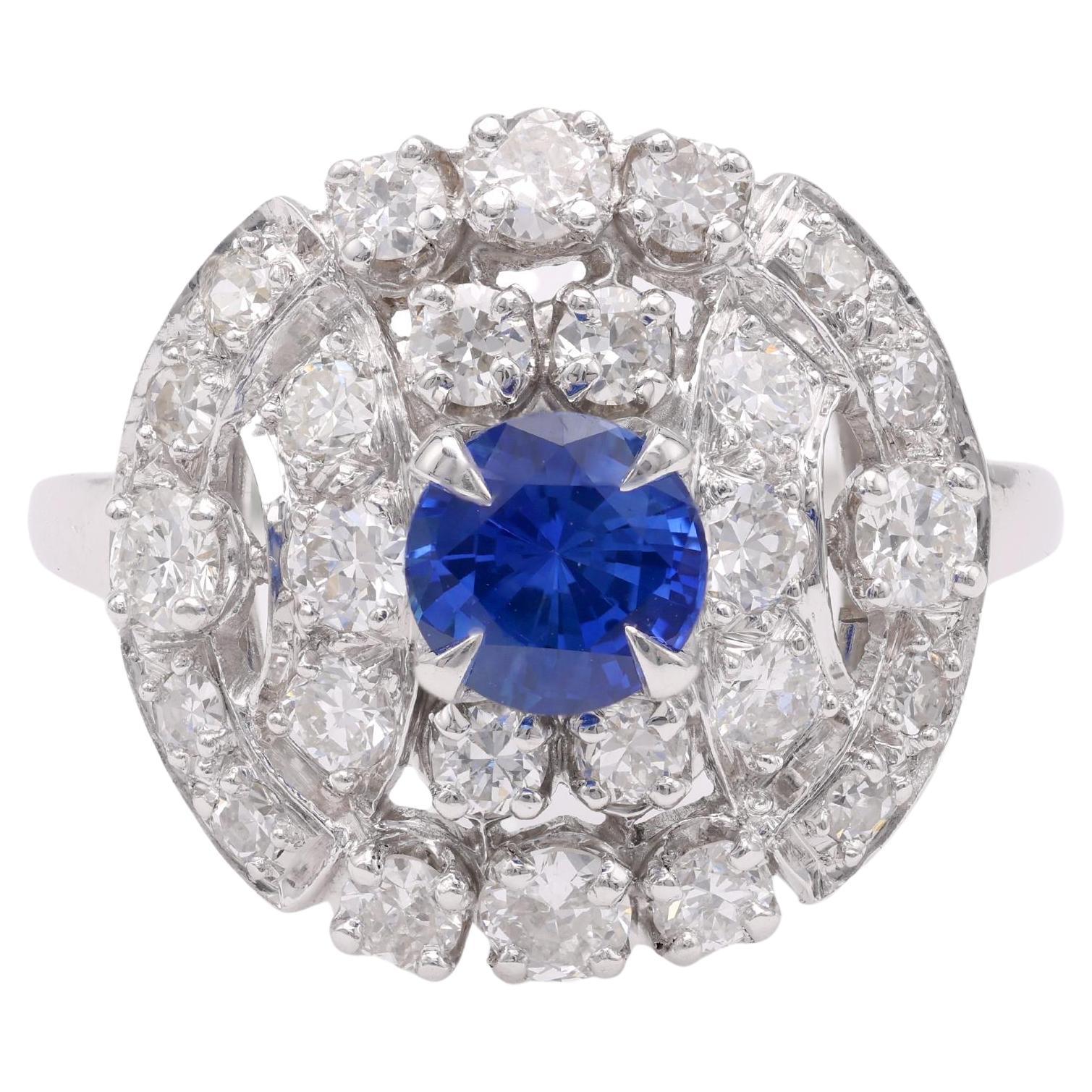 Sapphire Diamond Platinum Cluster Ring For Sale