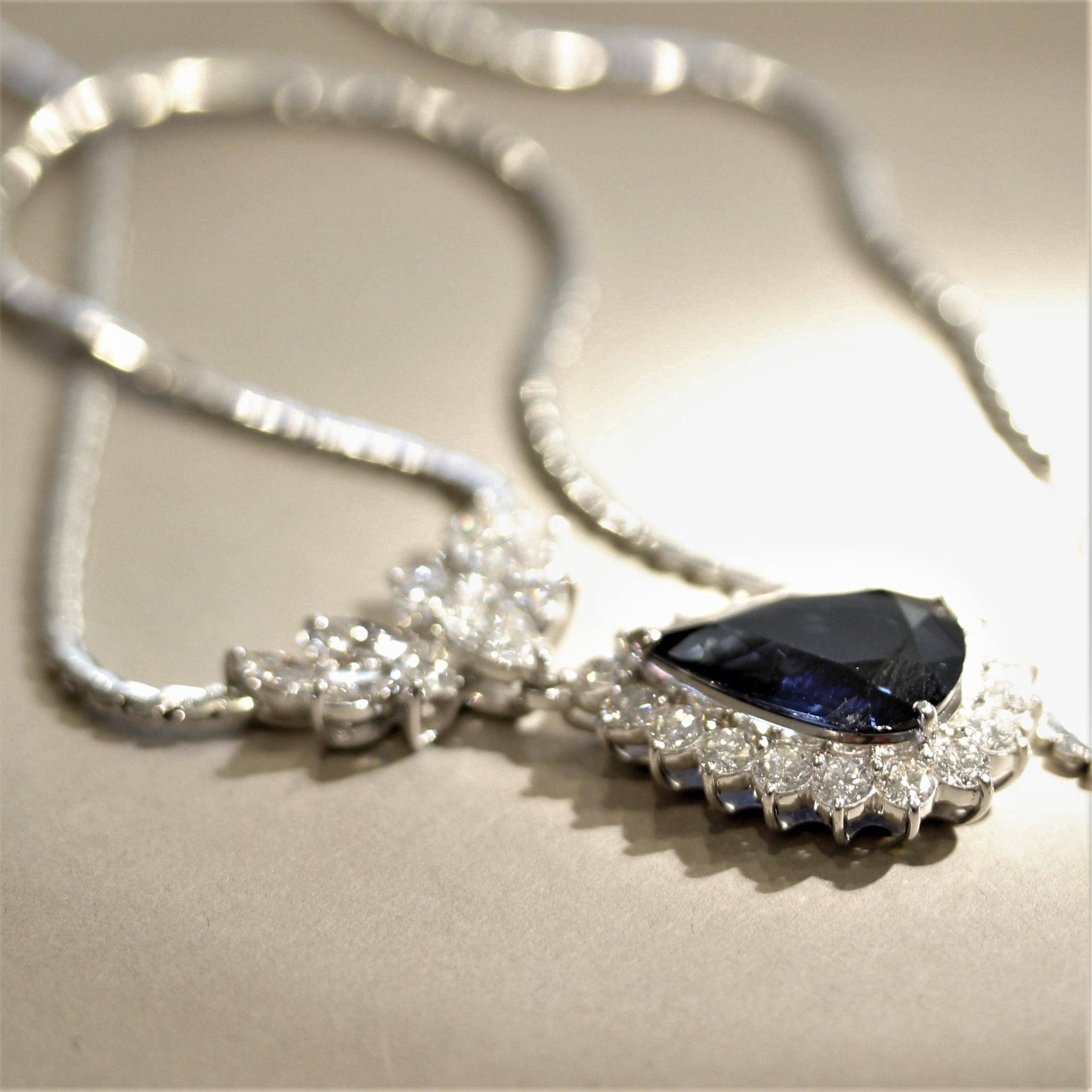 Sapphire Diamond Platinum Drop Necklace In New Condition In Beverly Hills, CA