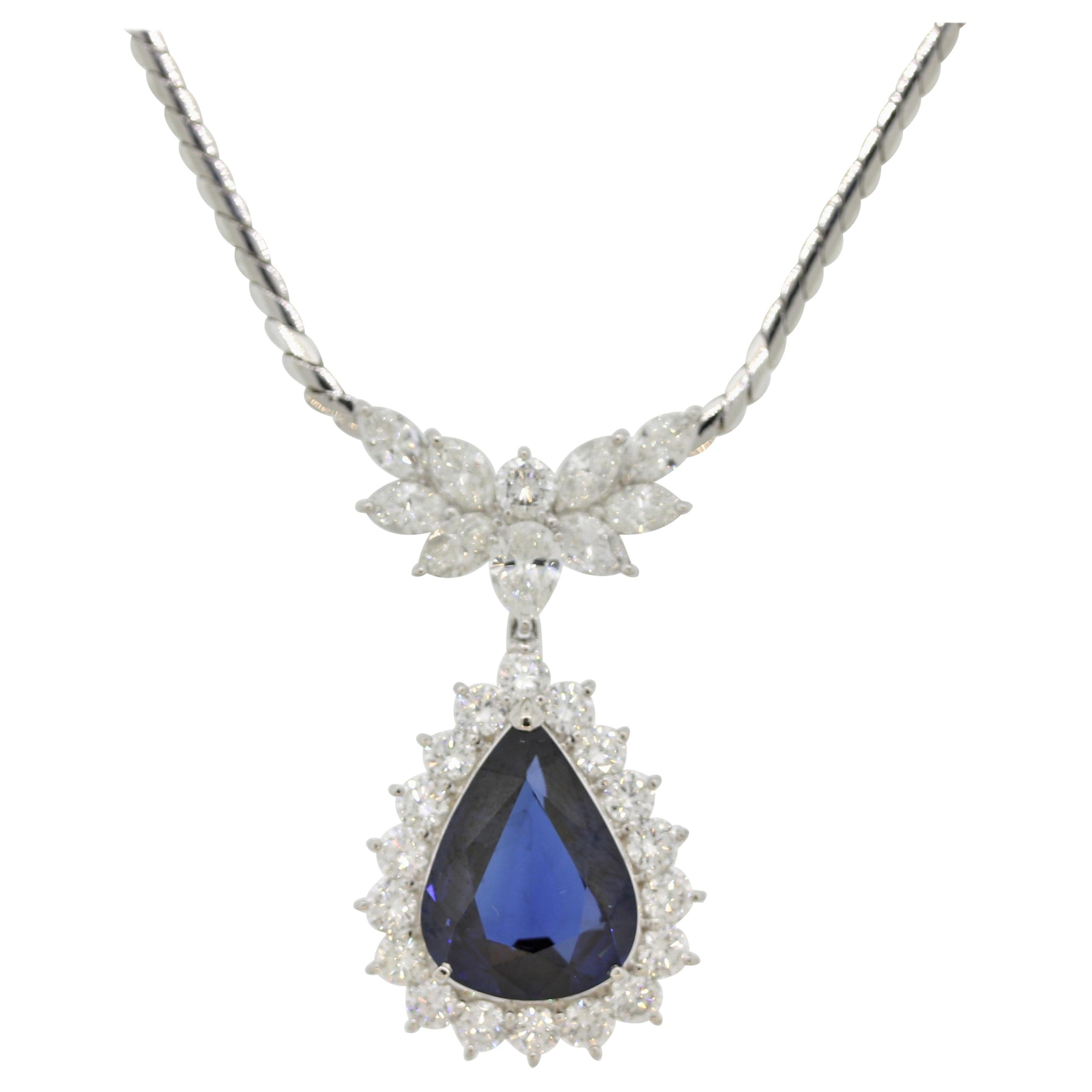 Sapphire Diamond Platinum Drop Necklace