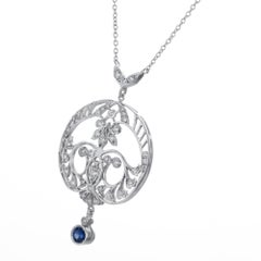 Sapphire Diamond Platinum Filigree Art Deco Drop Pendant Necklace