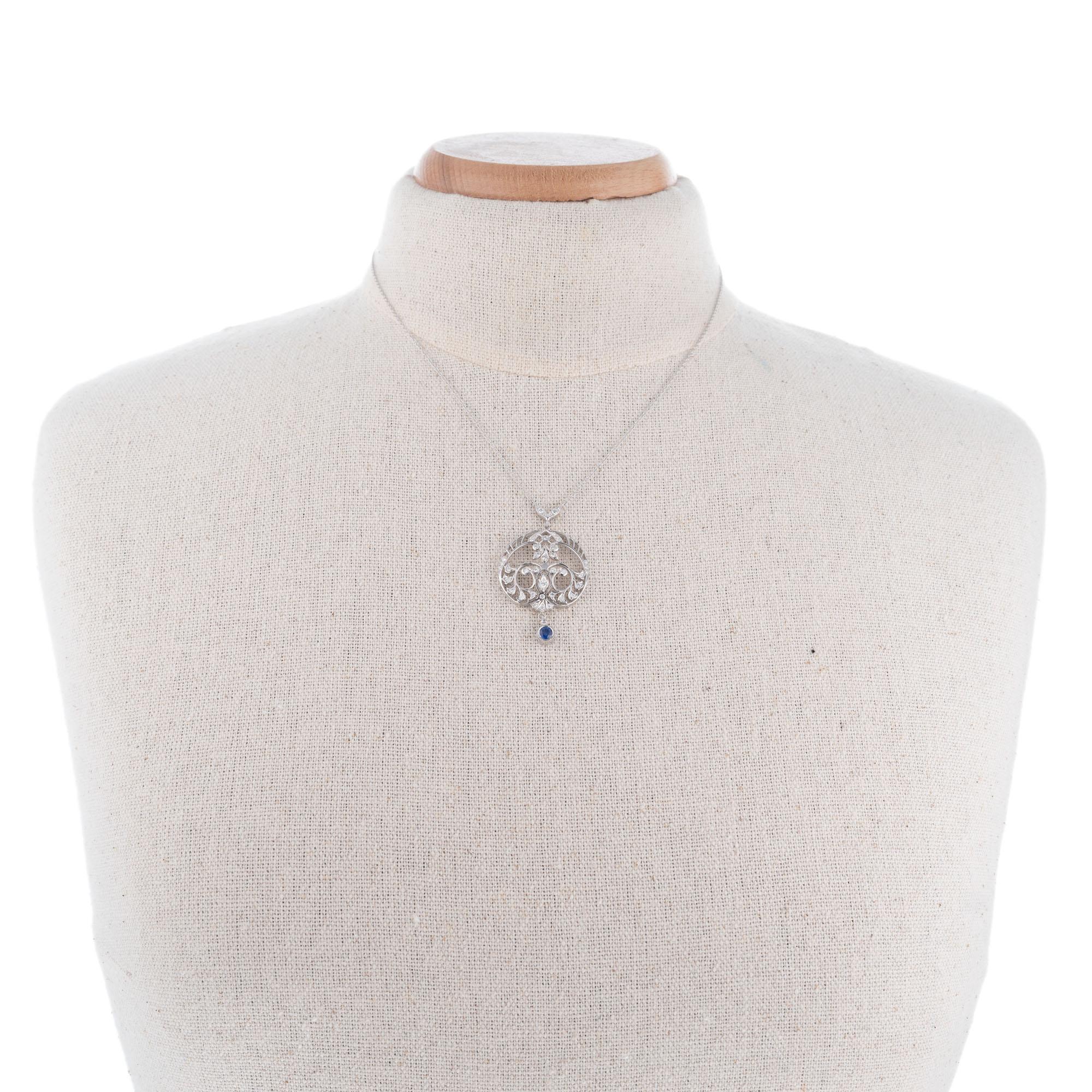 Round Cut Sapphire Diamond Platinum Filigree Art Deco Drop Pendant Necklace For Sale