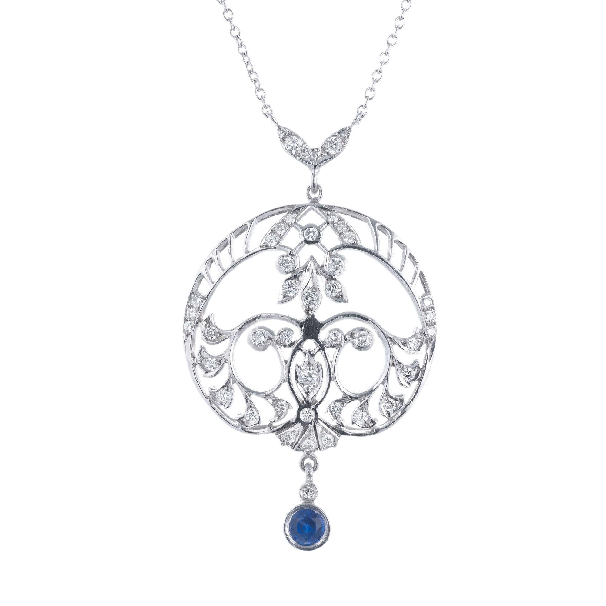 Sapphire Diamond Platinum Filigree Art Deco Drop Pendant Necklace In Good Condition For Sale In Stamford, CT