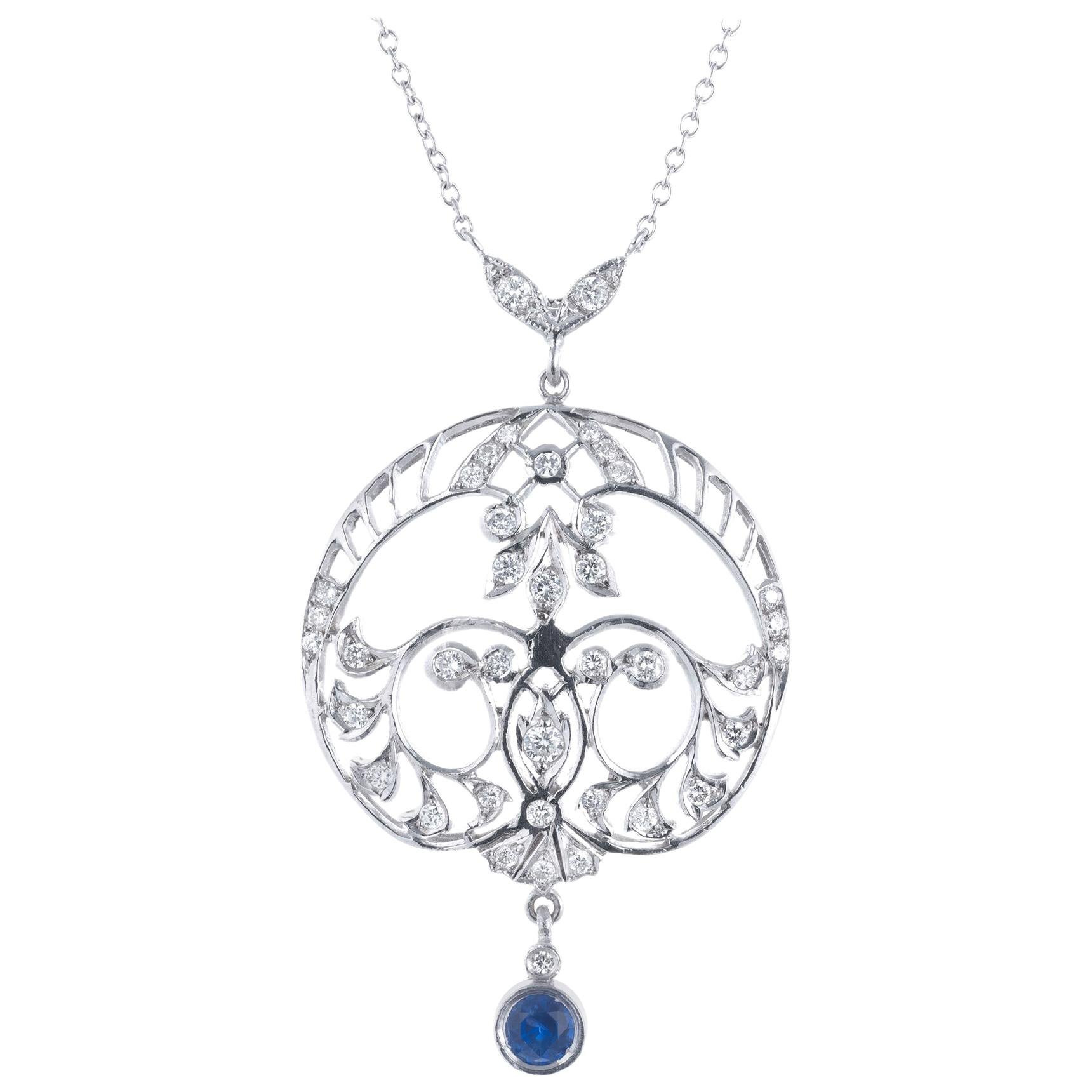 Sapphire Diamond Platinum Filigree Art Deco Drop Pendant Necklace