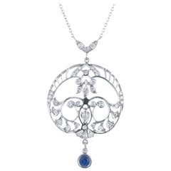 Antique Sapphire Diamond Platinum Filigree Art Deco Drop Pendant Necklace