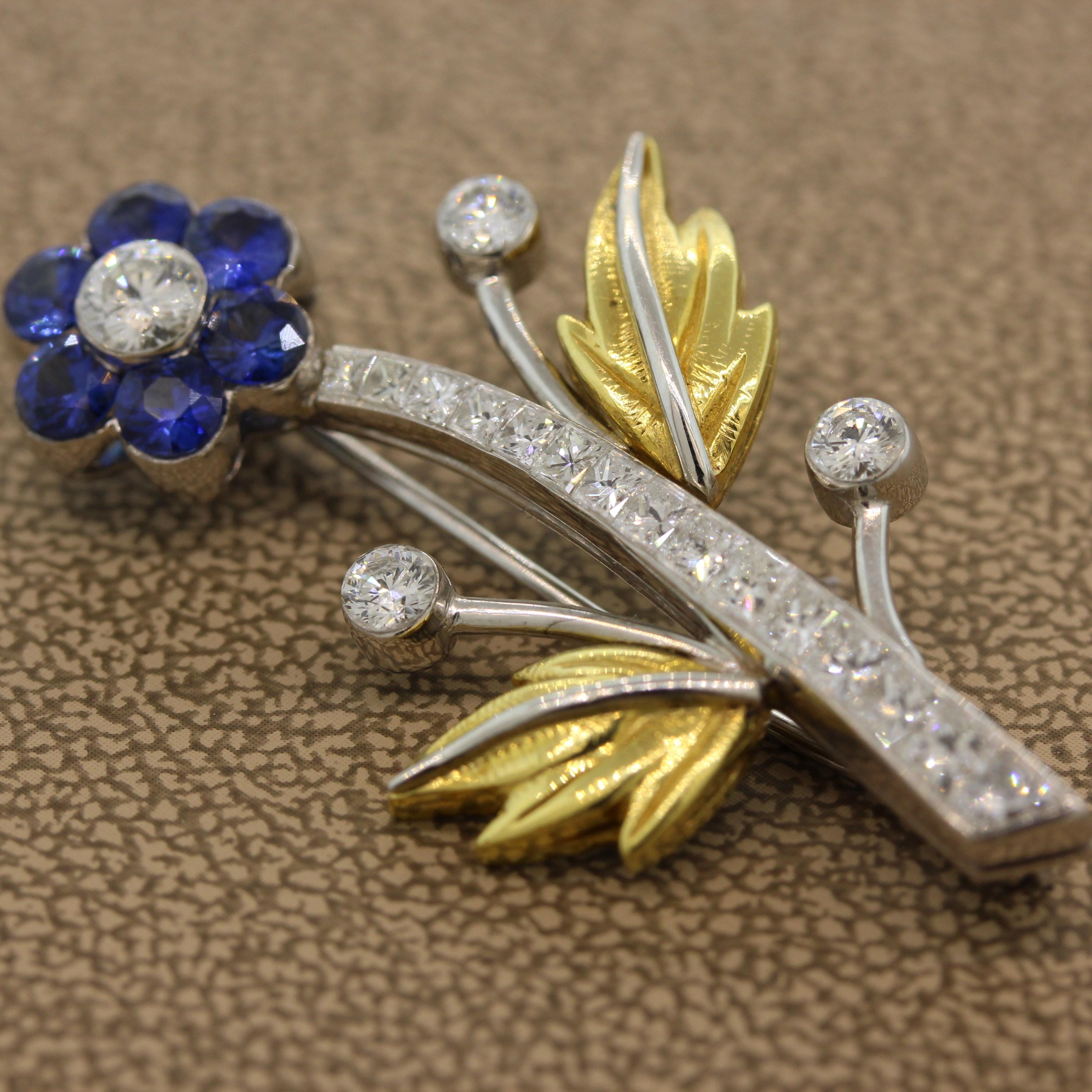 Sapphire Diamond Platinum Gold Flower Brooch In New Condition For Sale In Beverly Hills, CA