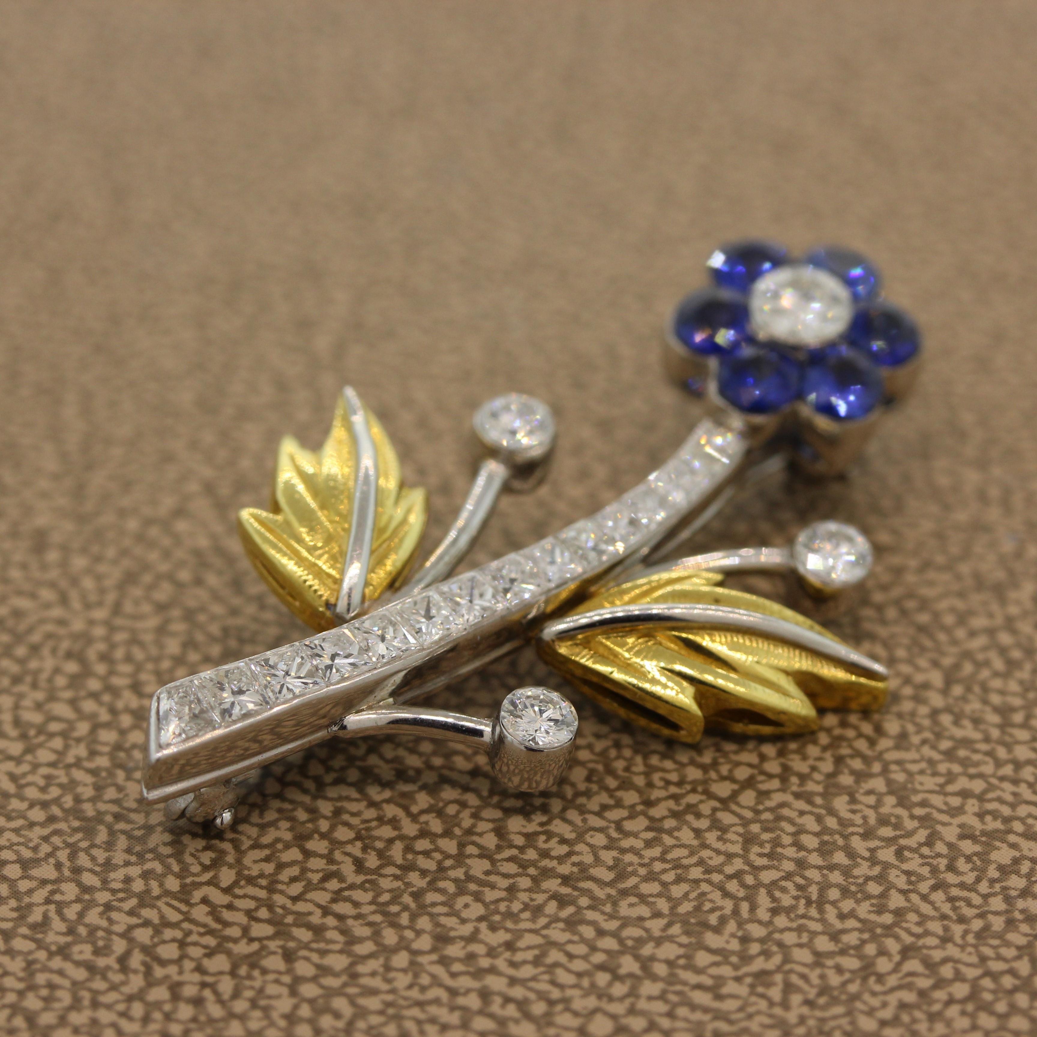 Women's Sapphire Diamond Platinum Gold Flower Brooch For Sale