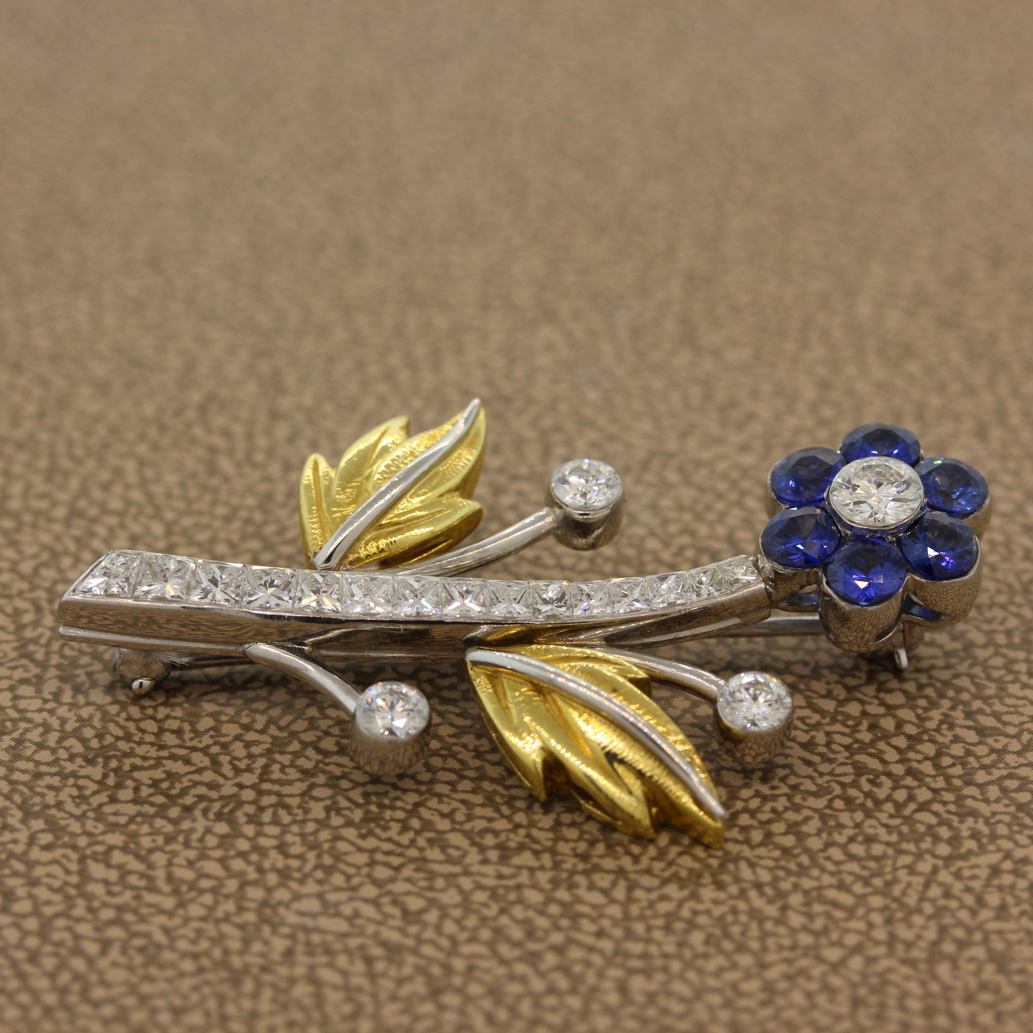 Sapphire Diamond Platinum Gold Flower Brooch For Sale 1