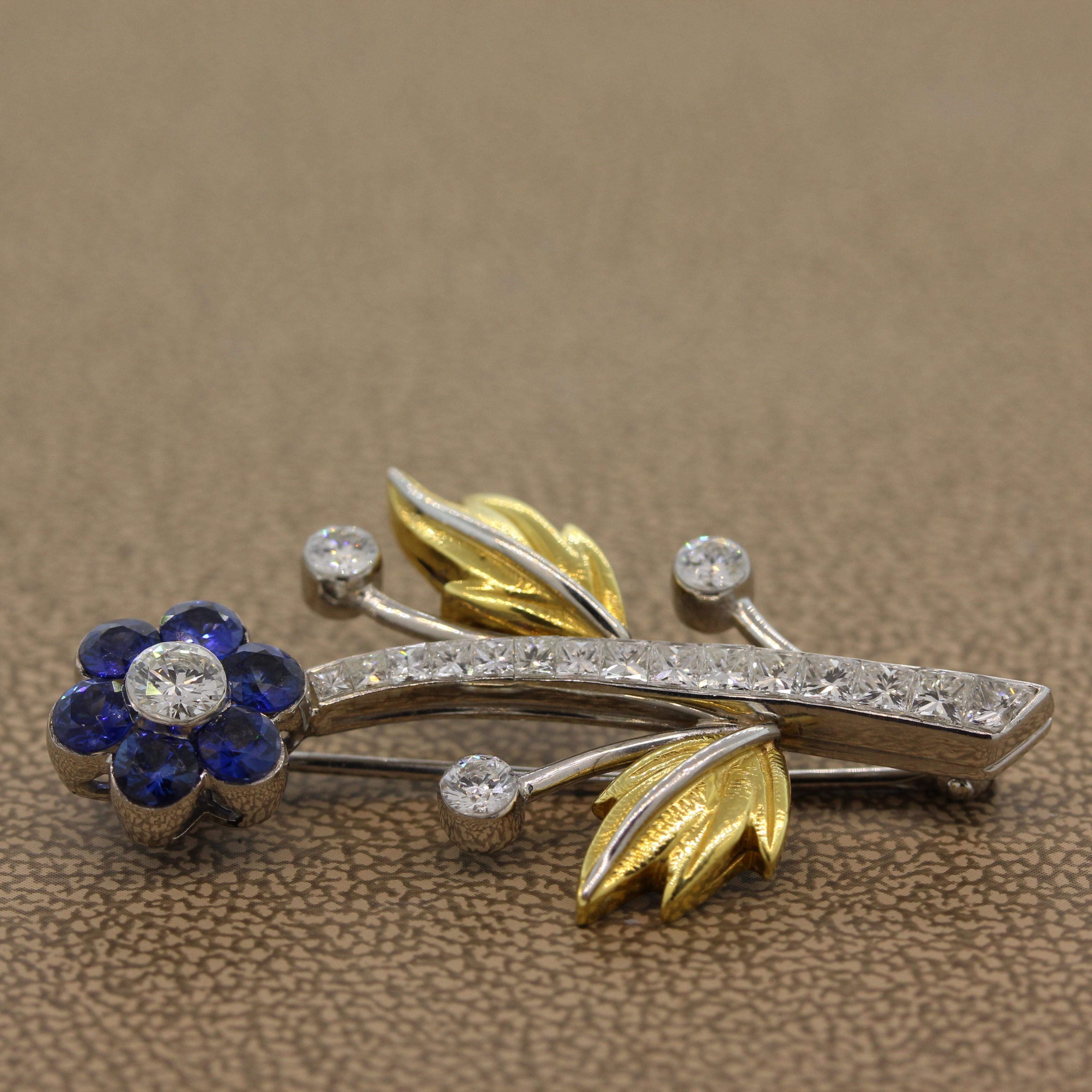 Sapphire Diamond Platinum Gold Flower Brooch For Sale 2