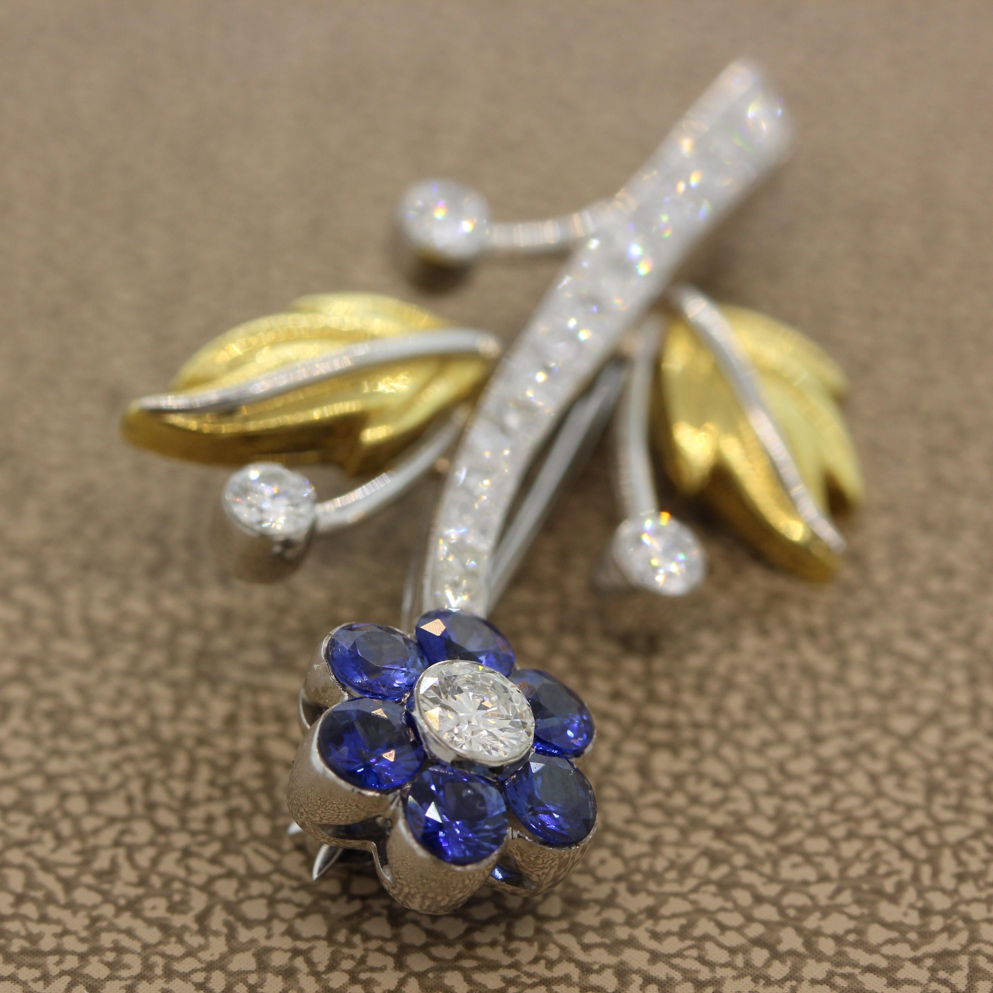 Sapphire Diamond Platinum Gold Flower Brooch For Sale 3